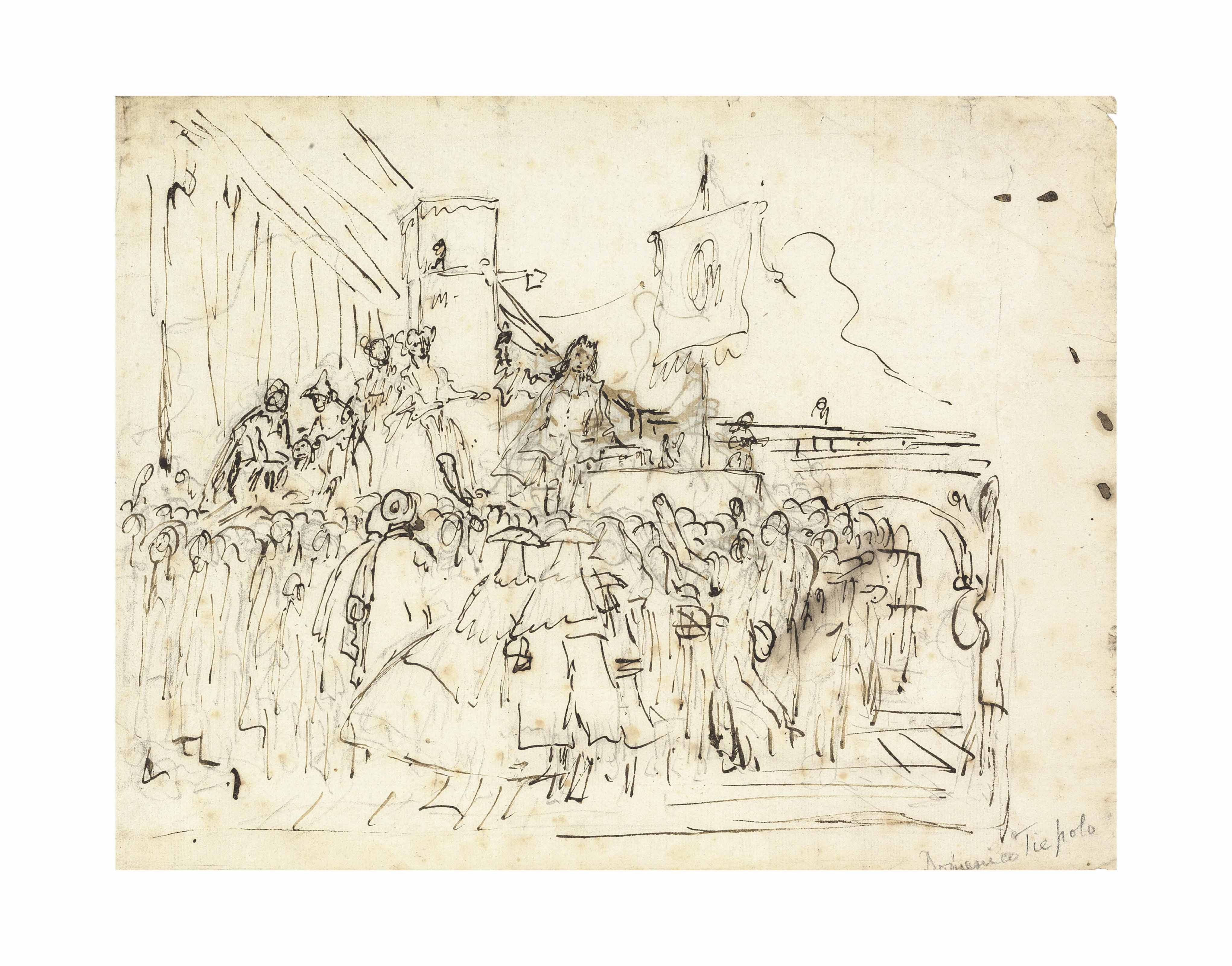Giovanni Domenico Tiepolo — Толпа наблюдает за шарлатаном (лицевая сторона ); Летящий ангел ( оборотная сторона )