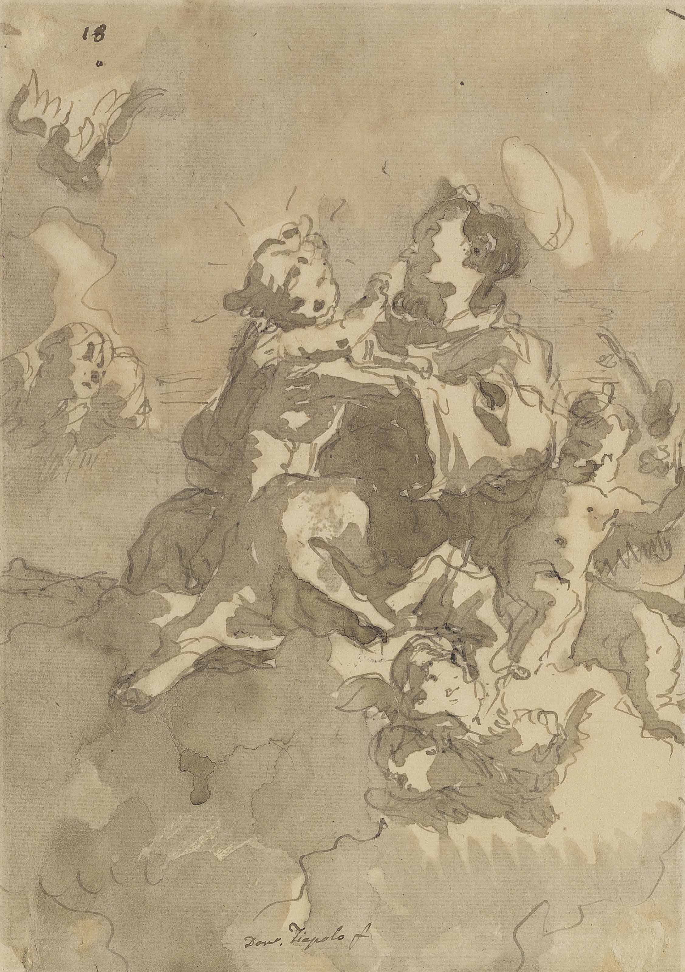 Giovanni Domenico Tiepolo — Святой Антоний и младенец Христос с путто и херувимами в небе