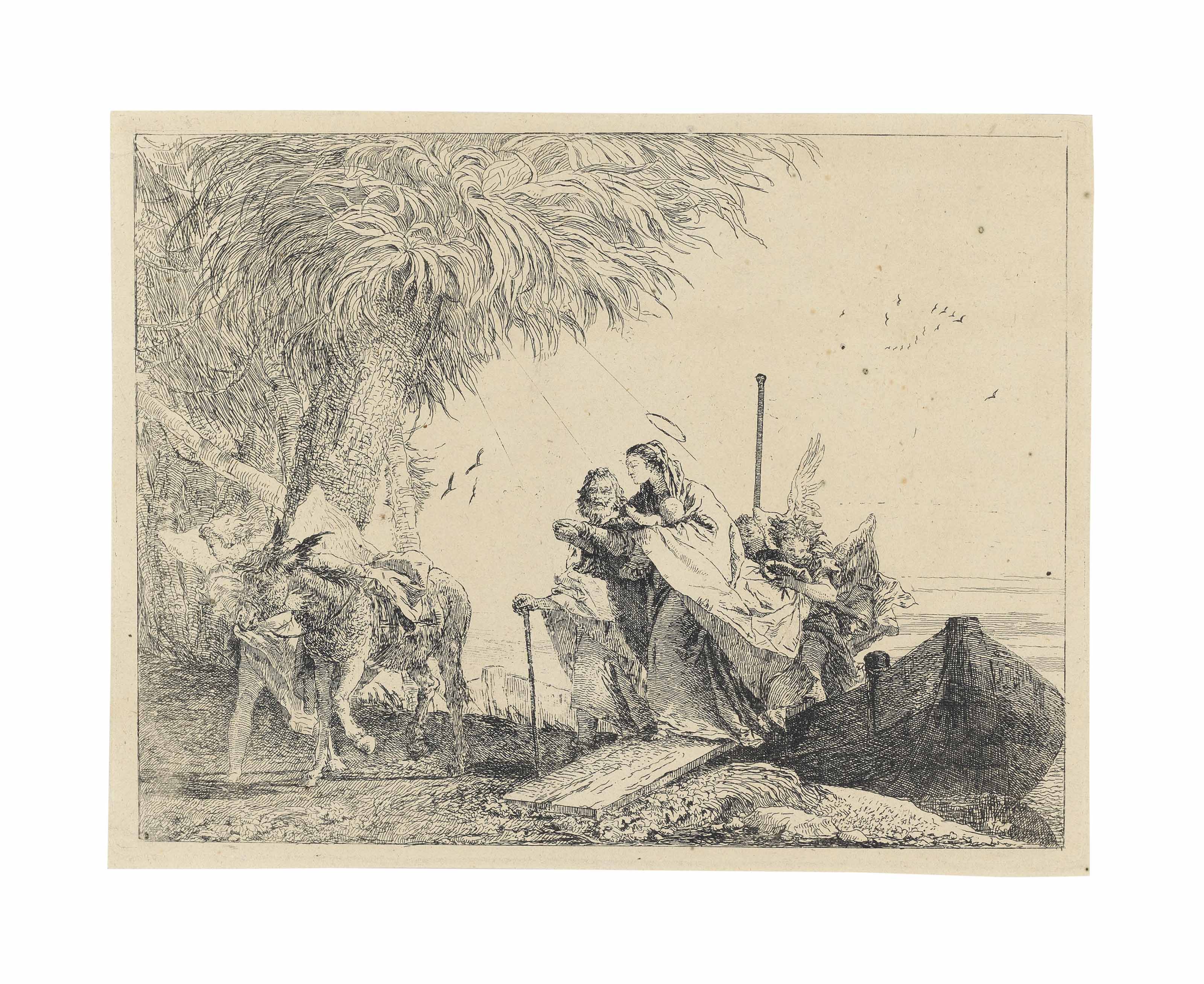 Giovanni Domenico Tiepolo — Мария, которой помогали Иосиф и Ангел, выходит из лодки после бегства в Египет (второзаконие, ст. 18; Р. 84)