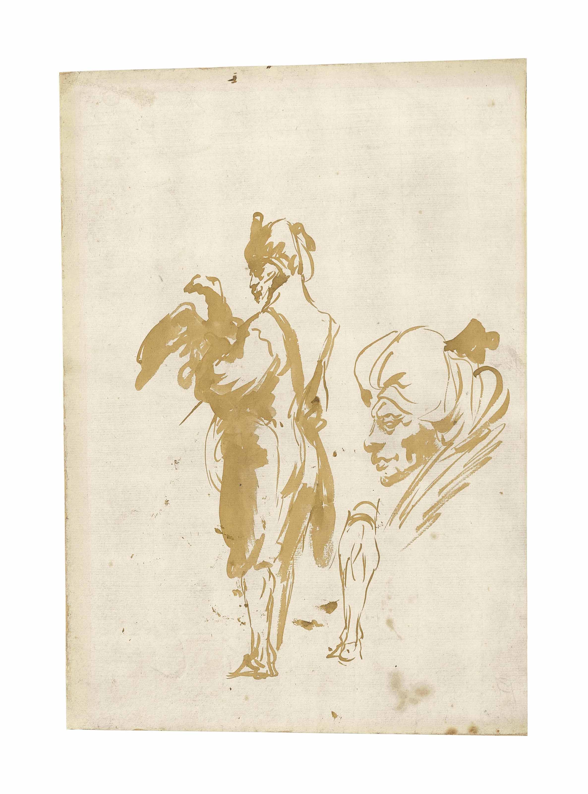 Giovanni Domenico Tiepolo — Мужчина в тюрбане, держащий орла, с дополнительными изображениями его головы и ног