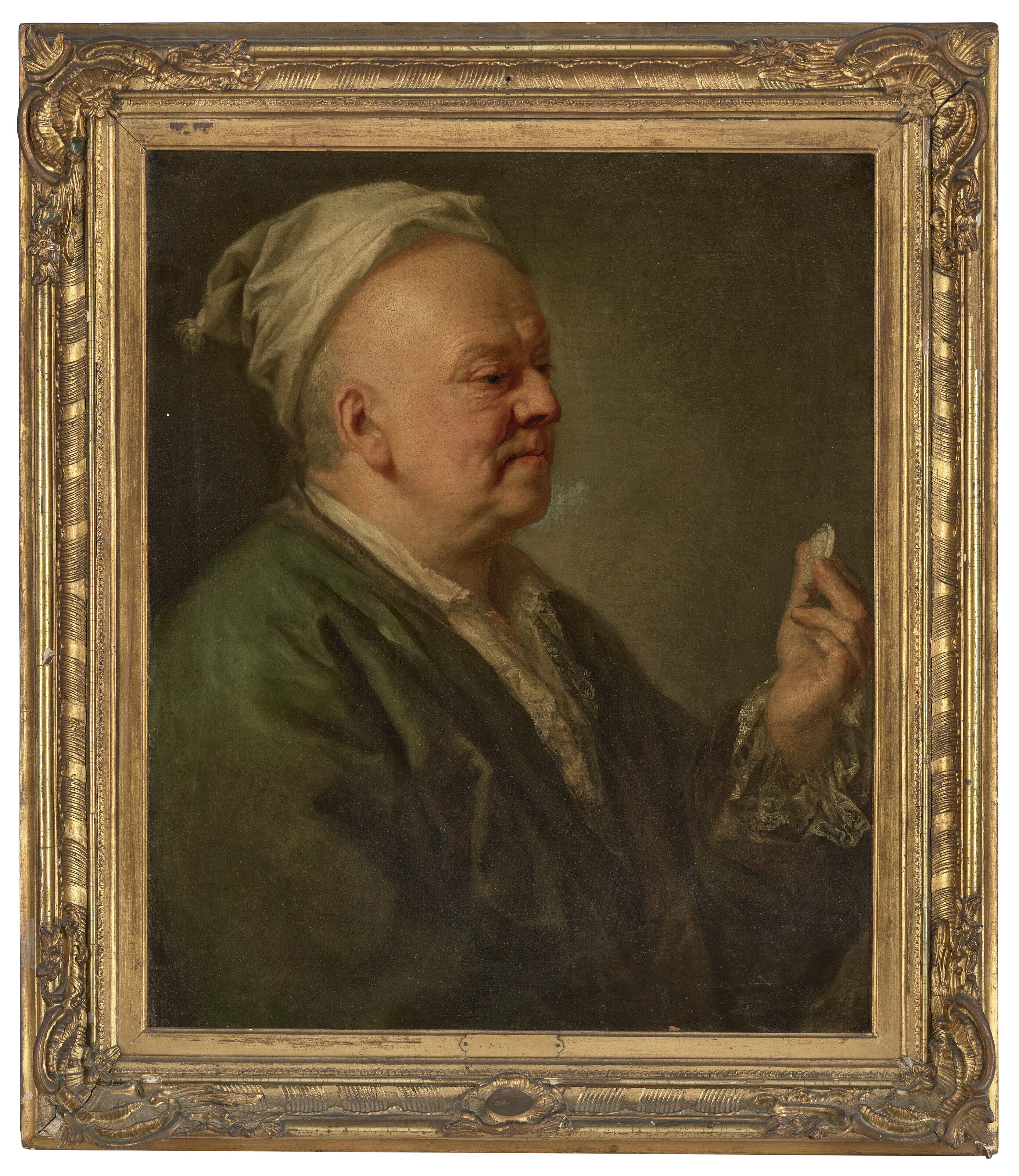 Graff — Портрет Филиппа Даниэля Липперта (1702-1785), в полный рост, в зеленом халате и белом ночном колпаке, с монетой в руках