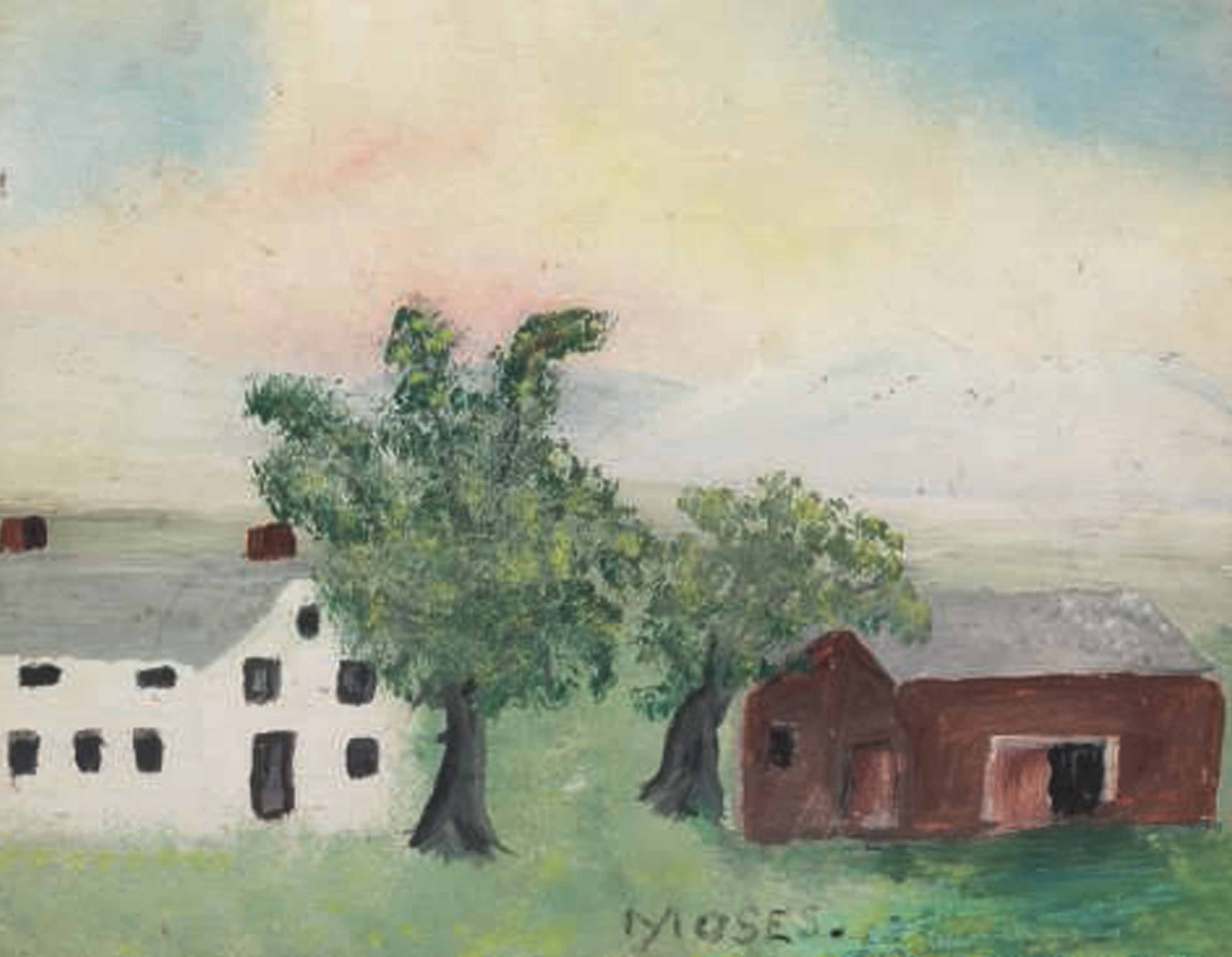 Grandma Moses — Дом и сарай с розовым небом
