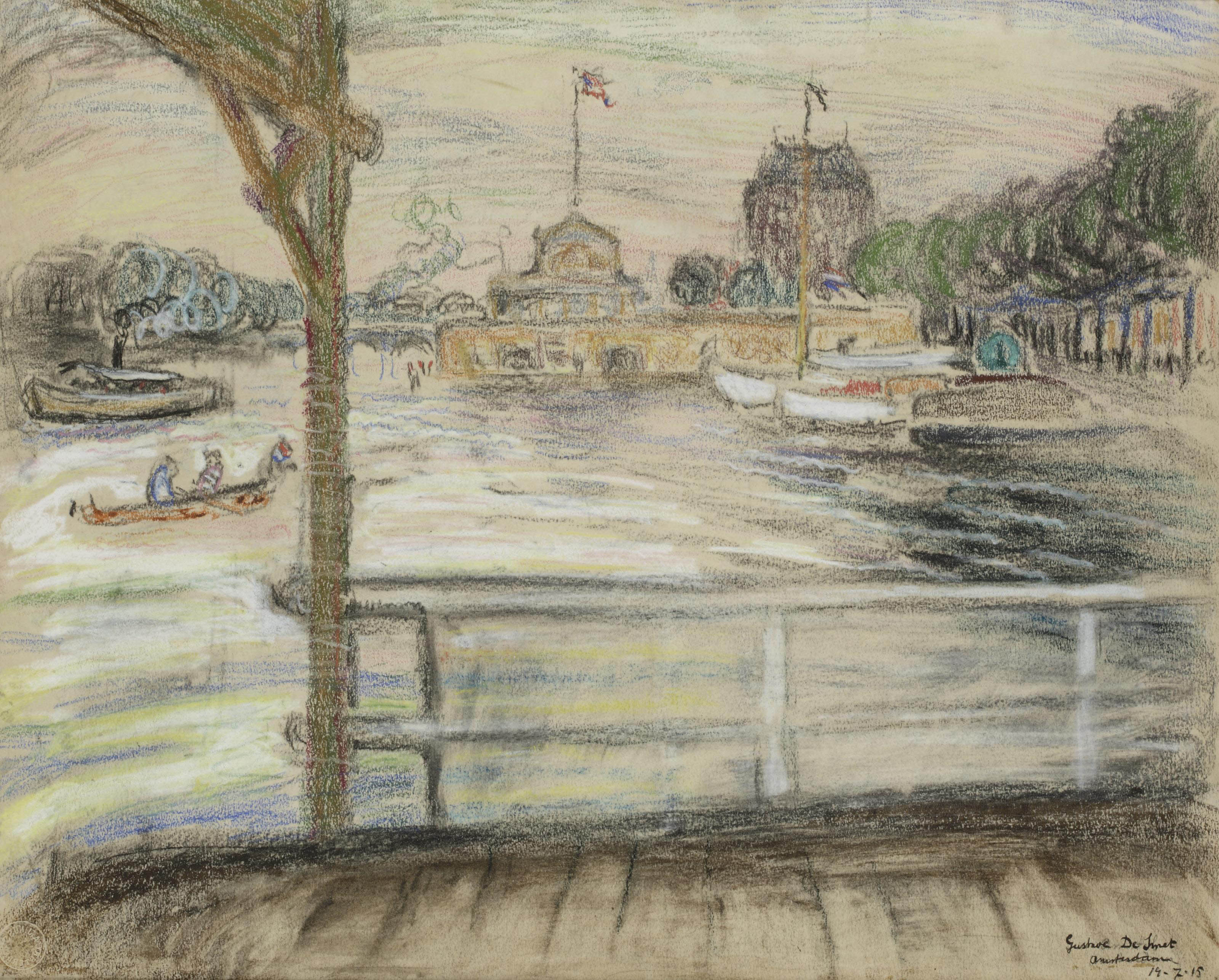 Gustave de Smet — Вид на Амстел и отель Amstel вдалеке, Амстердам