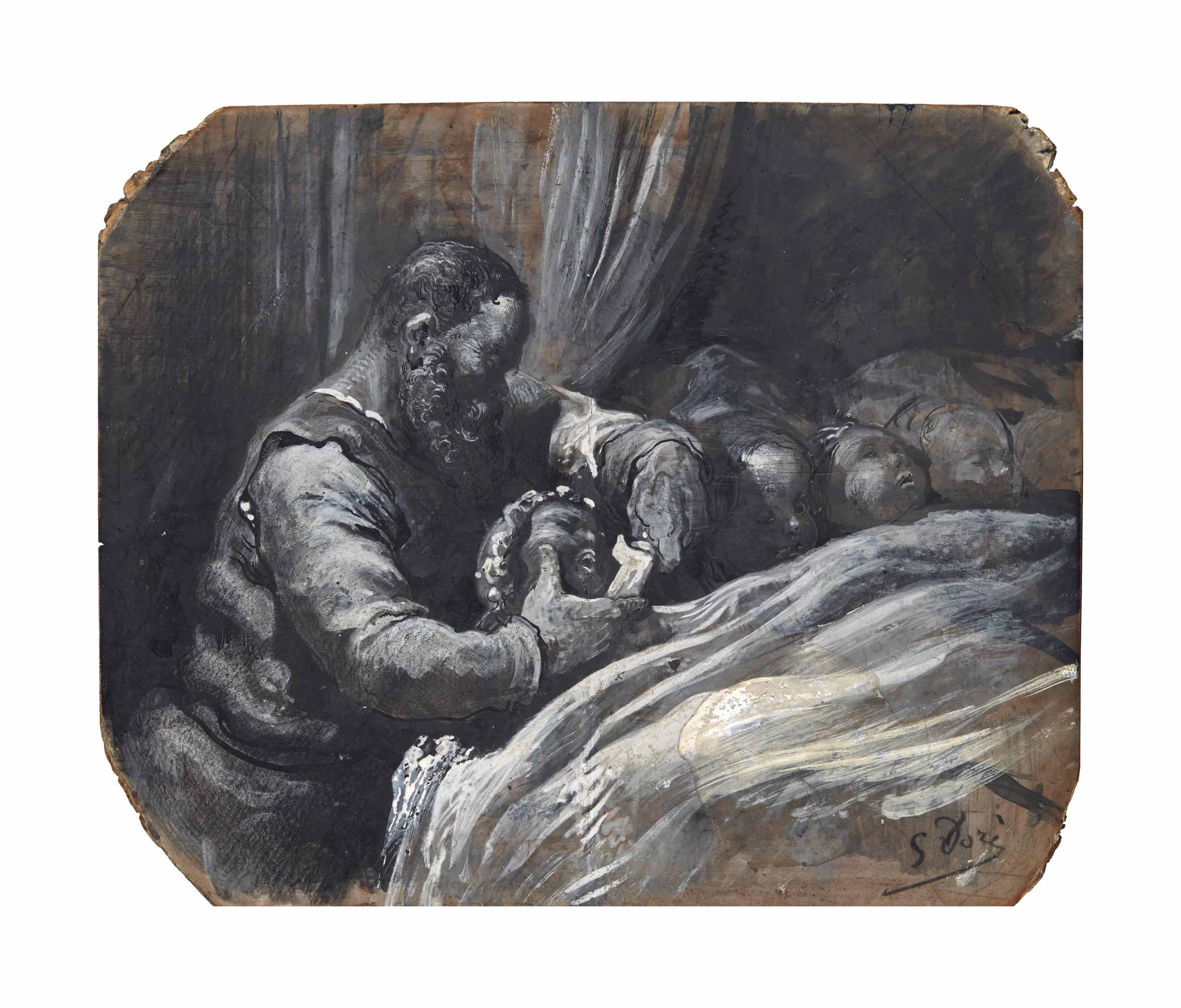 Gustave Dore — Людоед: сцена перед сном с бородатым мужчиной и пятью спящими детьми