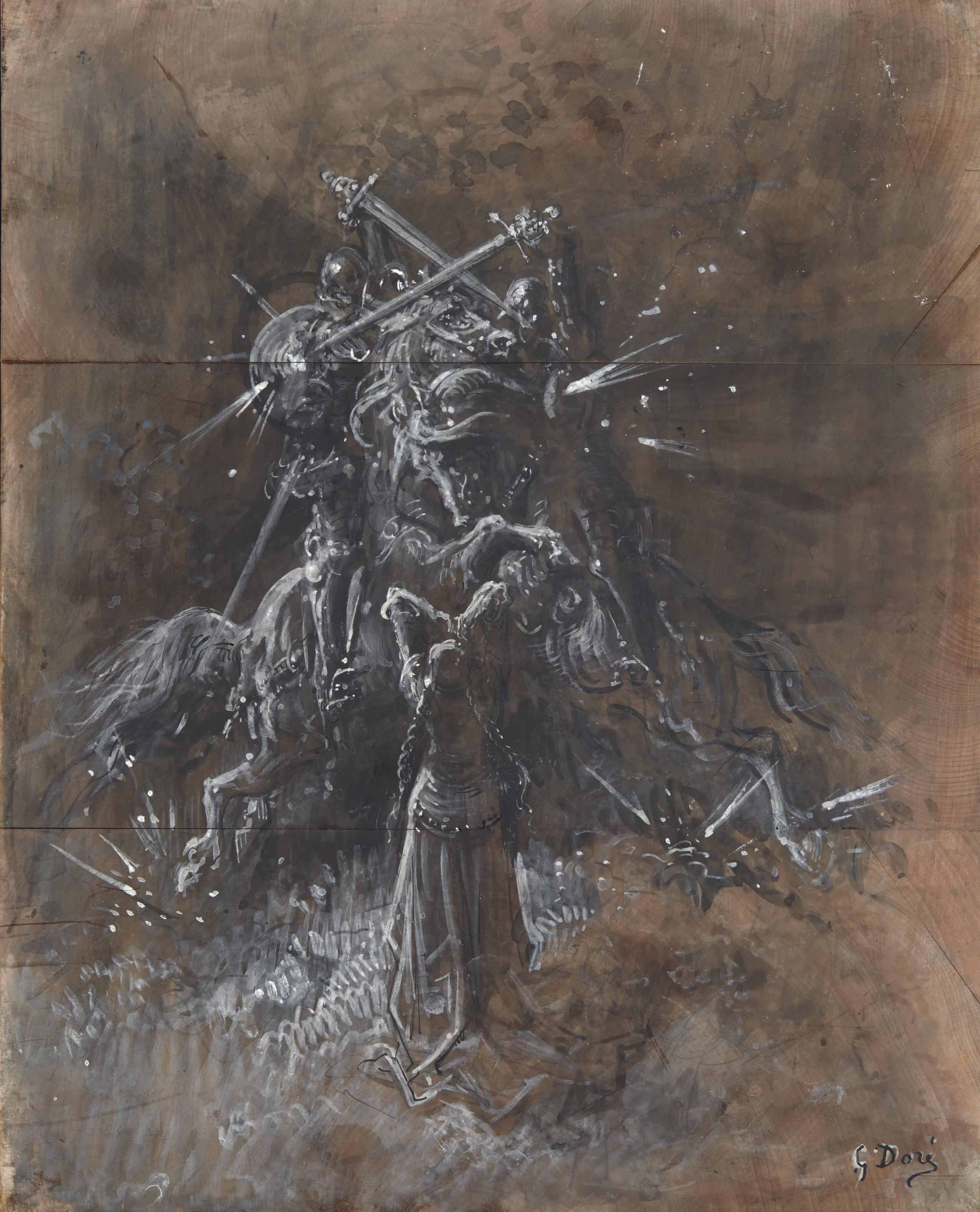 Gustave Dore — Два рыцаря, скачущие на лошадях, сражаются за женщину