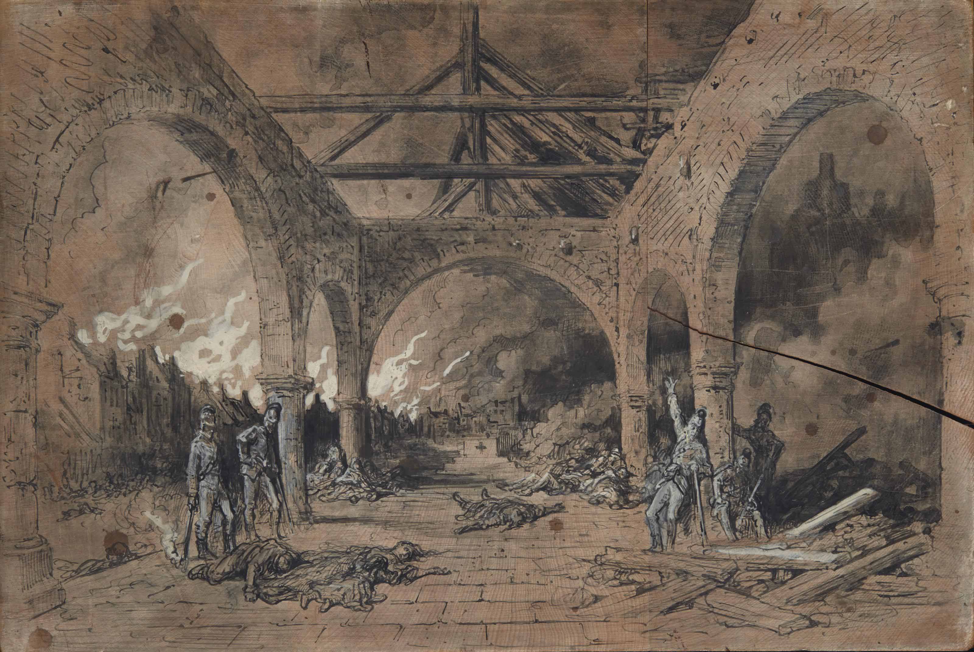Gustave Dore — Солдаты и мертвые тела в сгоревшем здании, на заднем плане - охваченный пламенем город