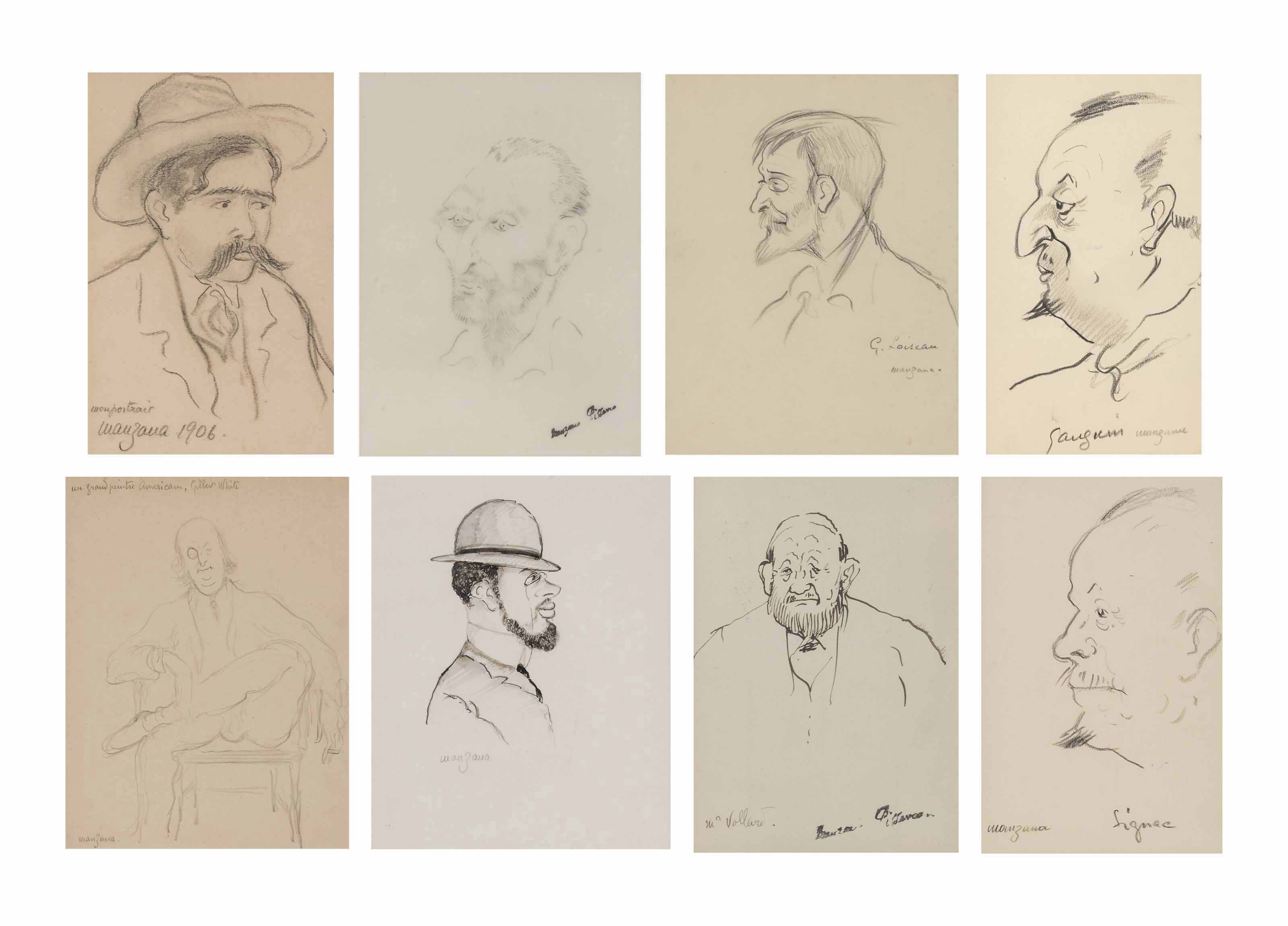 Gustave Loiseau — Группа из восьми портретных набросков: Автопортрет; Винсент ван Гог; Гюстав Луазо; Поль Гоген; Гилберт Уайт; Анри де Тулуз-Лотрек; Амброз Воллар; и Поль Синьяк.