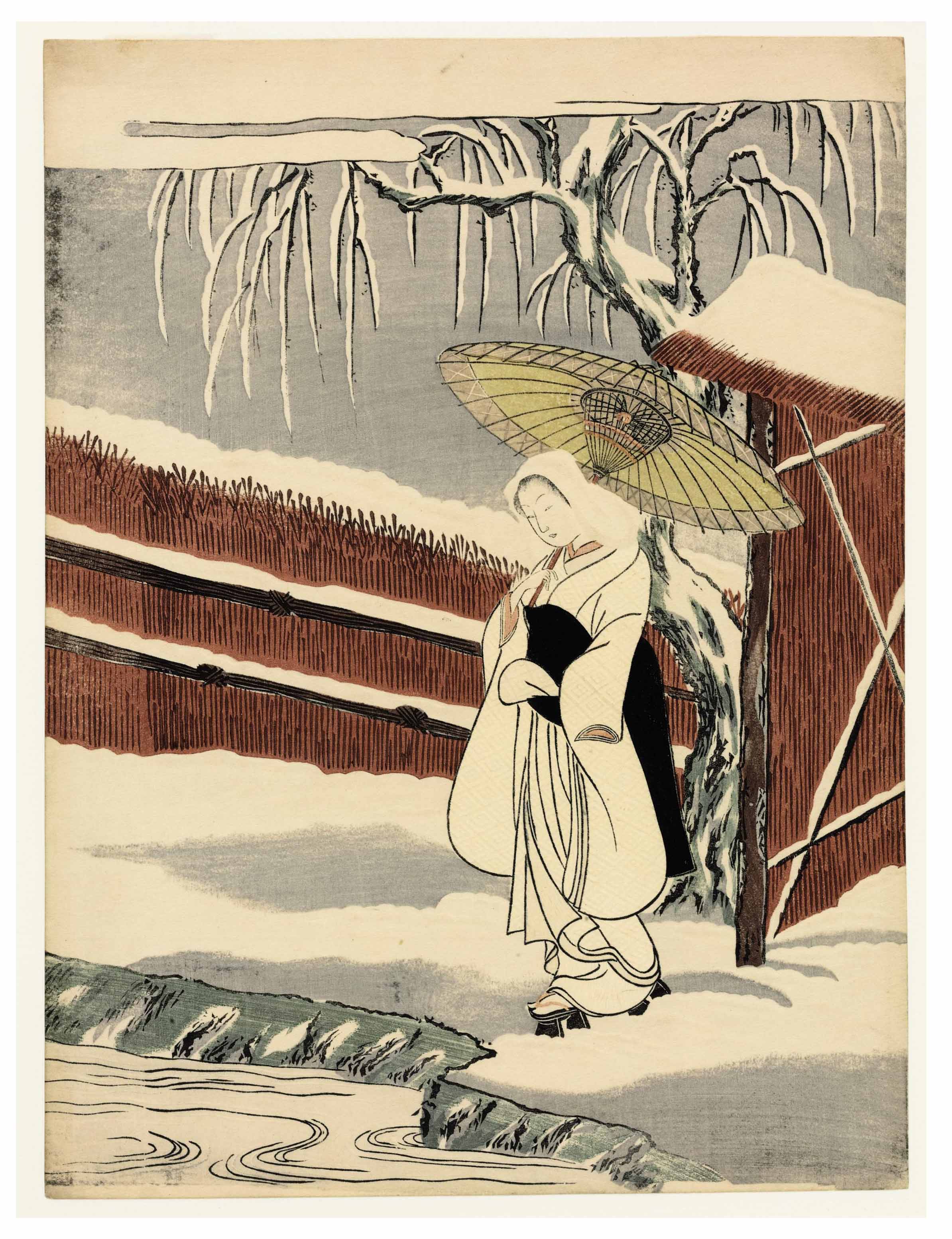 Harunobu Suzuki — Красавица под зонтиком на снегу, ок. 1766-67
