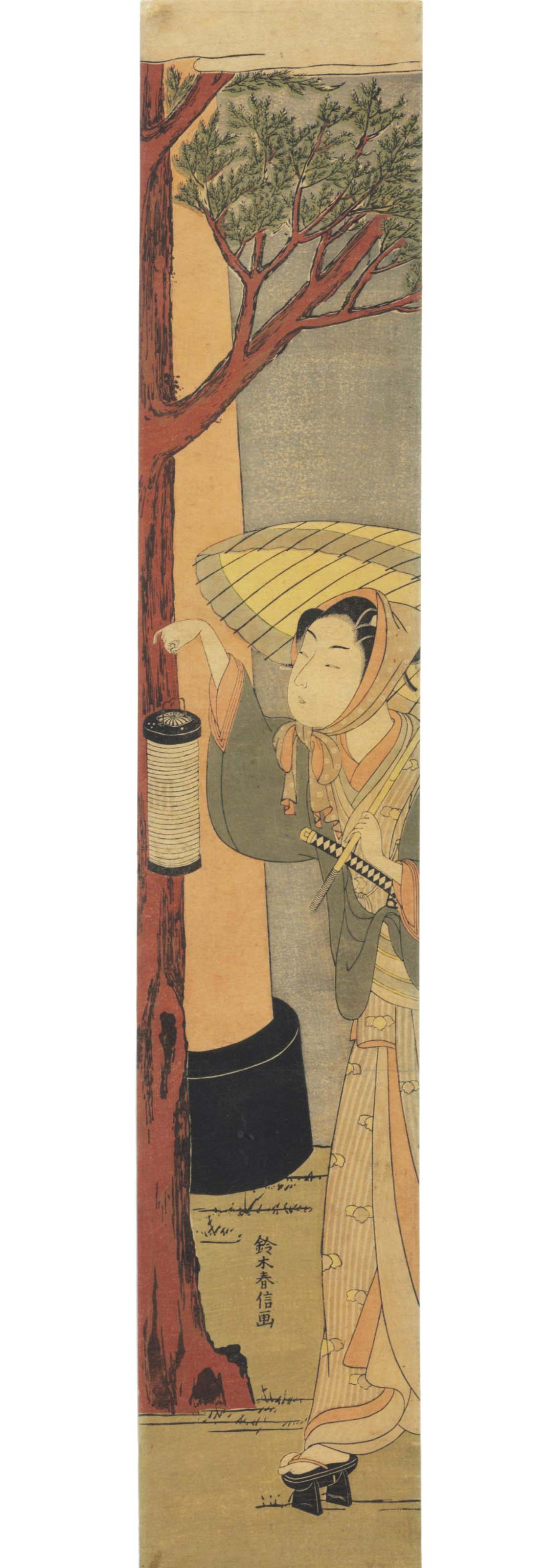 Harunobu Suzuki — Денди (вакашу) с фонарем проходит мимо ворот храма