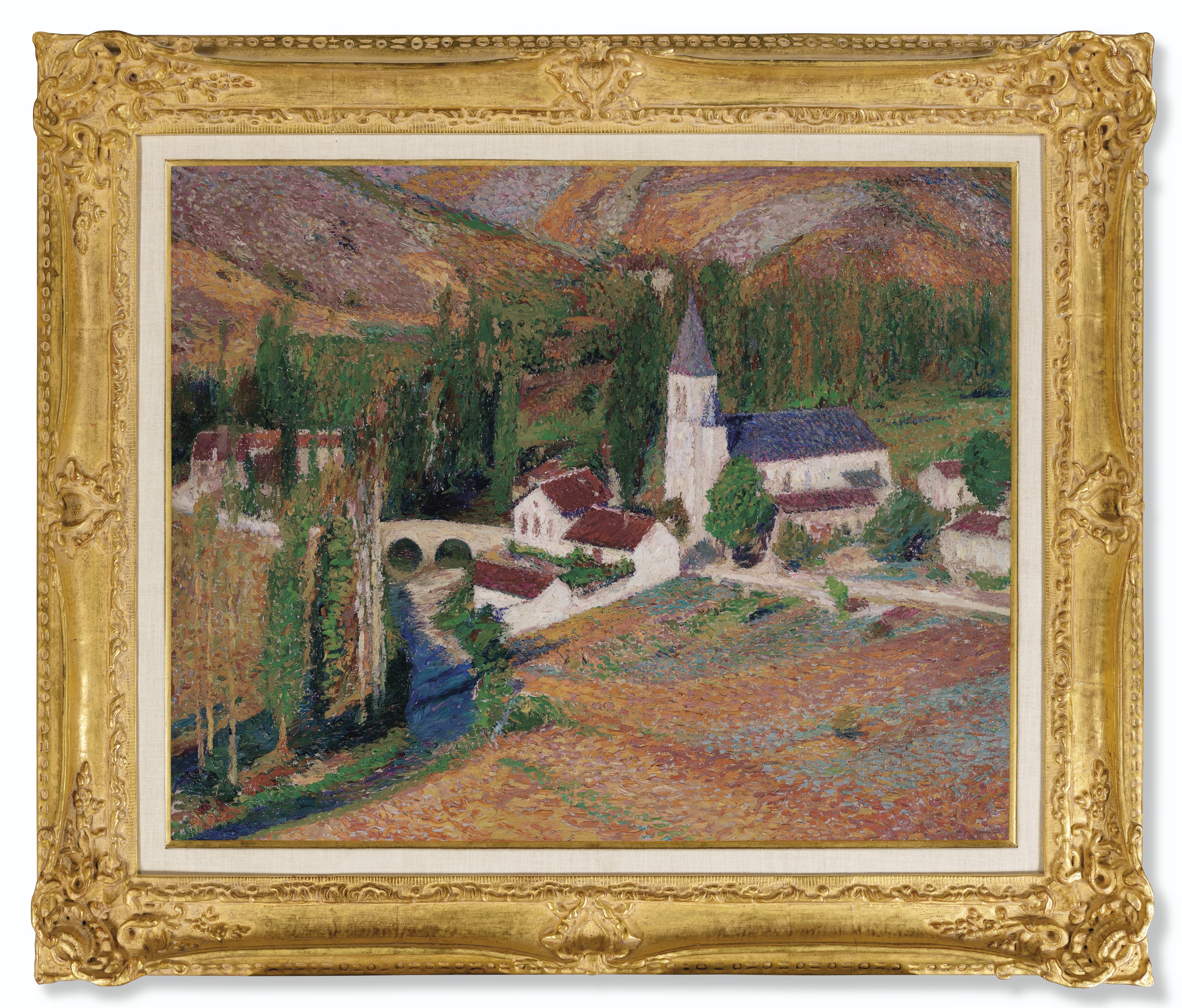 Henri Martin — Церковь Лабастид-дю-Верт, у моста и реки, на осеннем вечере, изображение 2