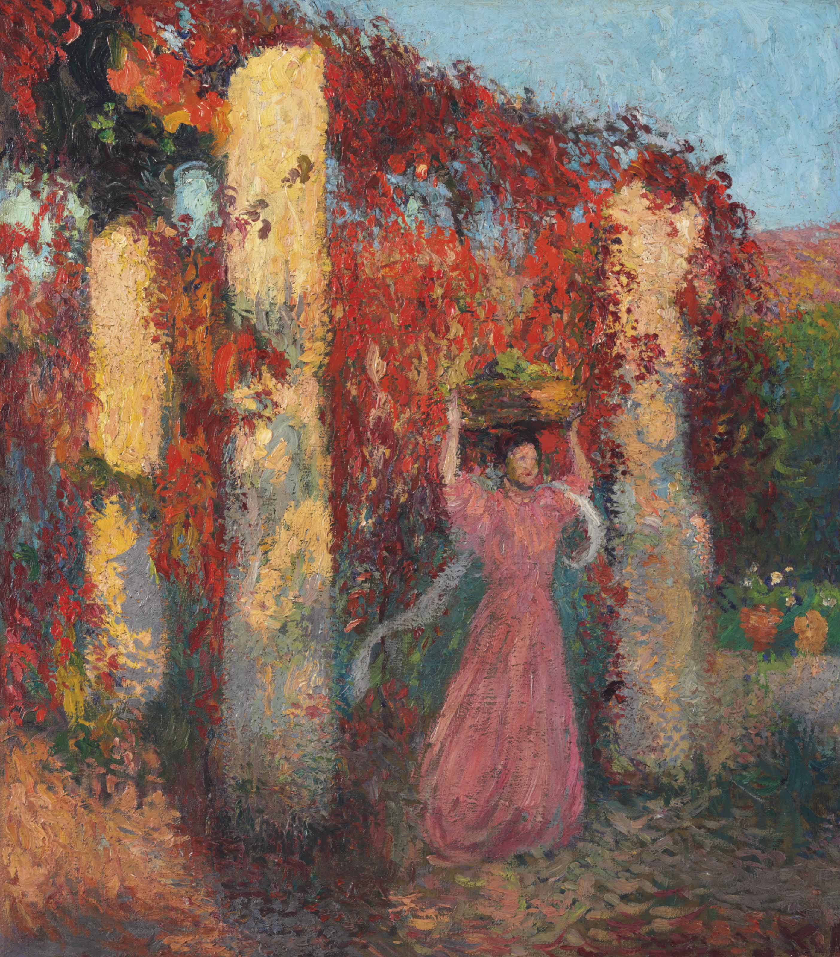 Henri Martin — Молодая женщина, важная особа в саду для уединенного времяпрепровождения, в беседке из виньетки- "Красная весна"