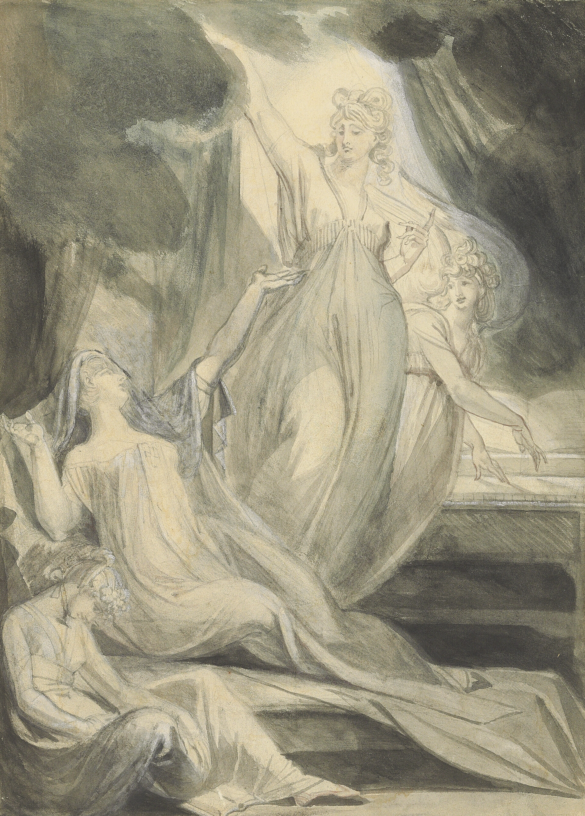 Henry Fuseli — Дизайн для "Храма природы" Эразма Дарвина: "Сила воображения в мечтах" (справа), с изображением обнимающихся влюбленных (сзади)
