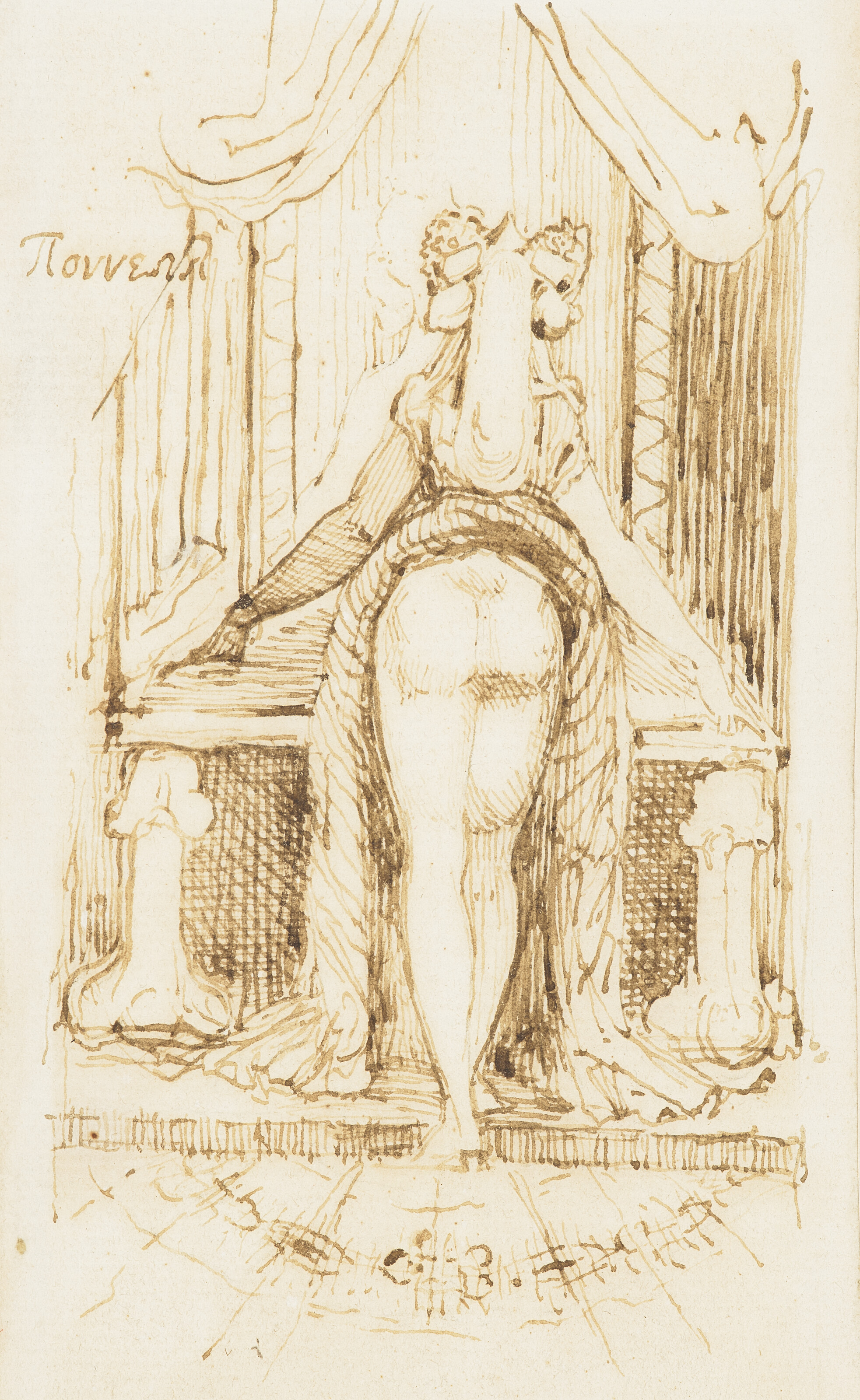 Henry Fuseli — Каллипига: миссис Фюзели с задранными до пояса юбками стоит перед туалетным столиком с фаллическими подставками.