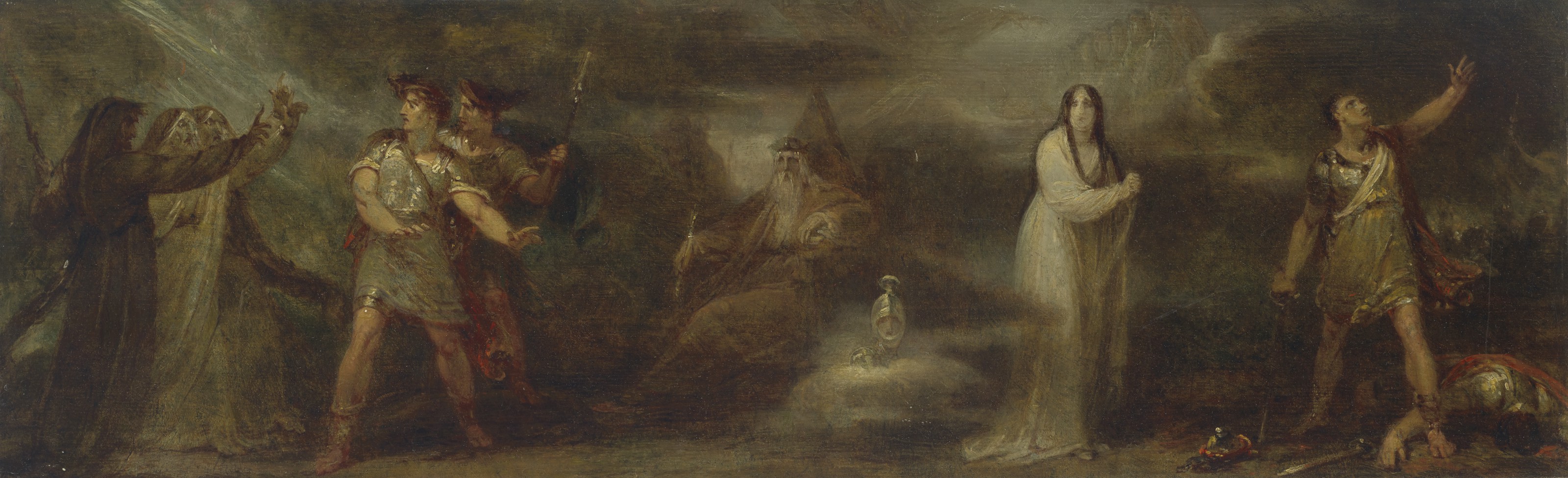 Henry Fuseli — "Три ведьмы" с Макбетом и Банко, "явление плавающей головы", "Леди Макбет с кинжалом" и "обезглавливание Макбета"