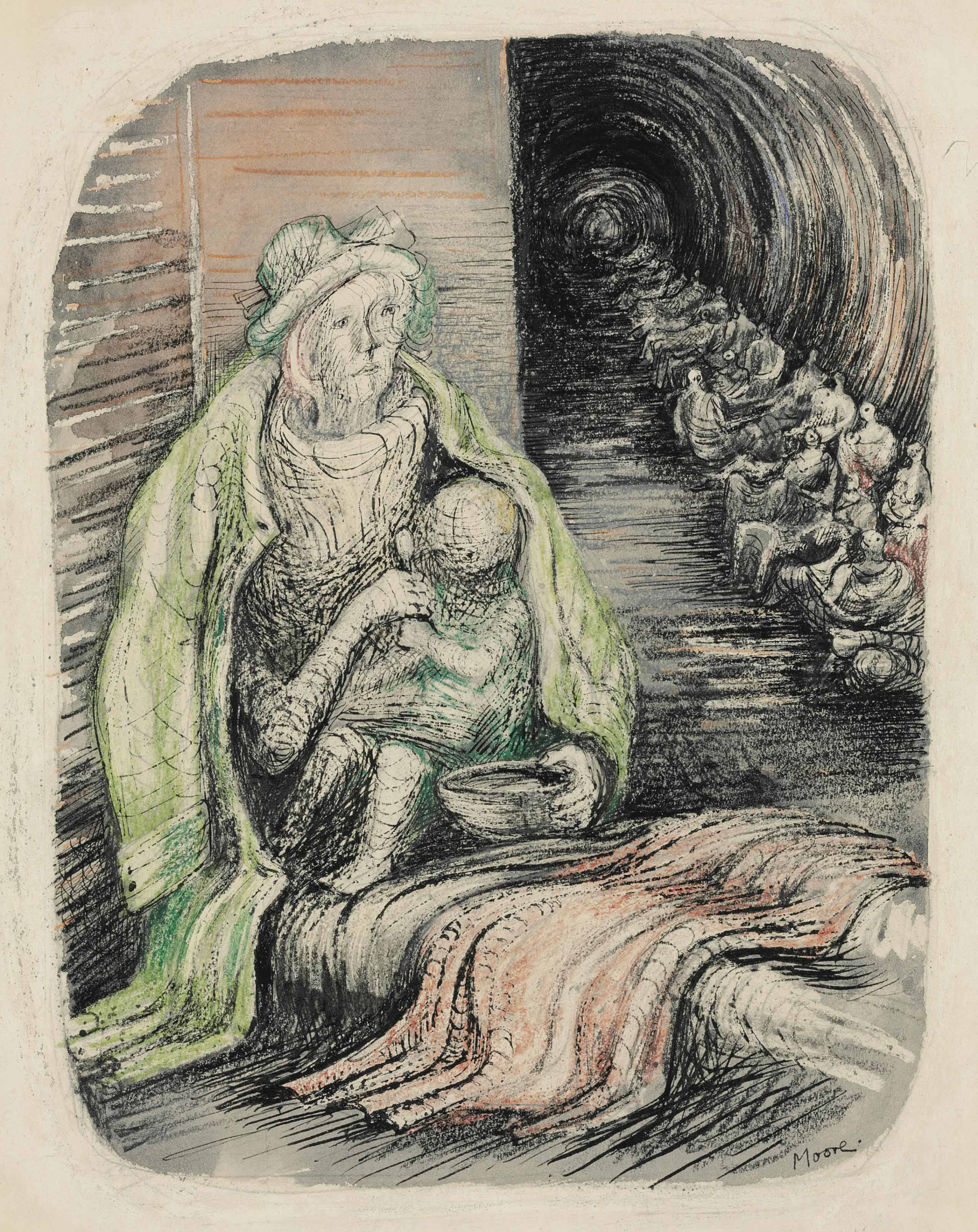 Henry Moore — Женщина в подземном убежище кормит ребенка