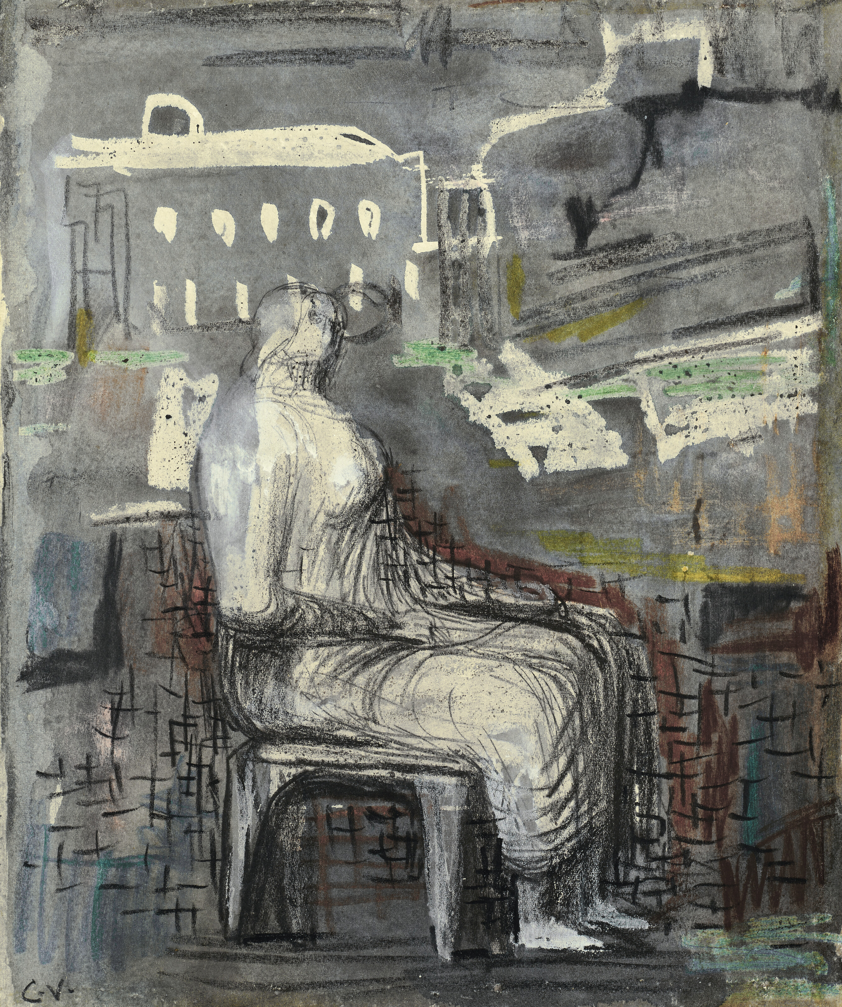 Henry Moore — Сидящая фигура в городском пейзаже (справа) ; Стоящие фигуры, фигуры из листьев (оборотная сторона), изображение 2