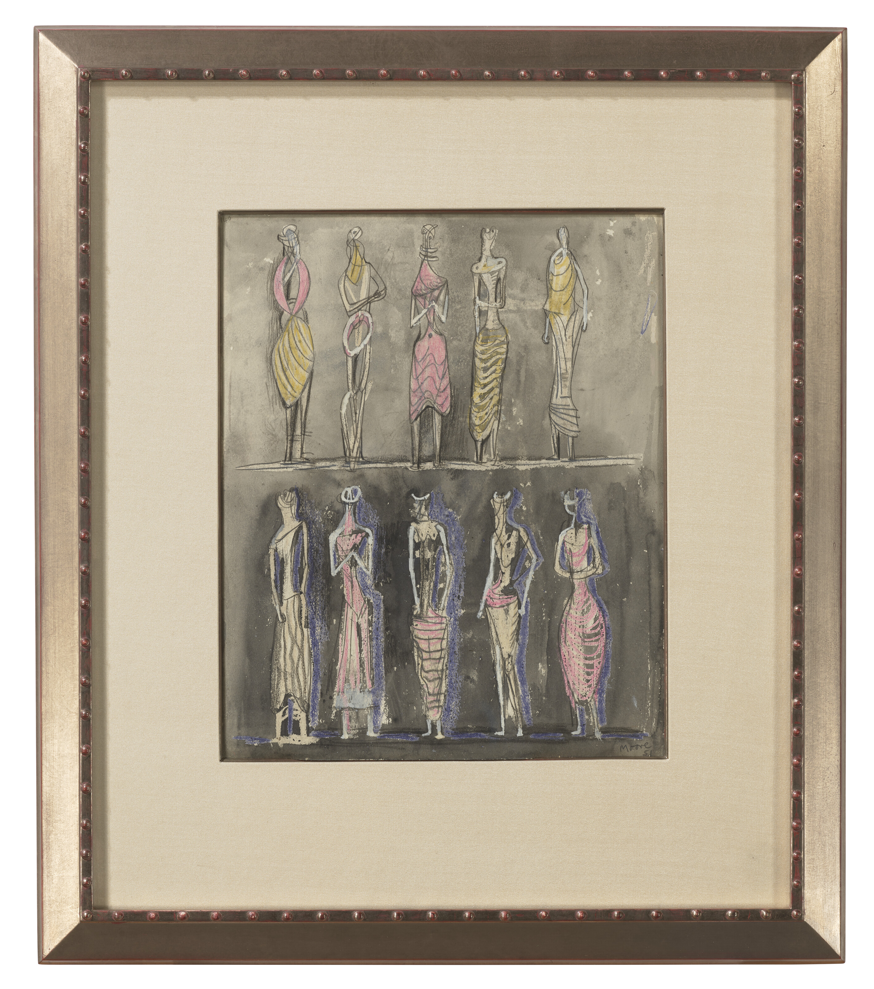 Henry Moore — Сидящая фигура в городском пейзаже (справа) ; Стоящие фигуры, фигуры из листьев (оборотная сторона), изображение 3