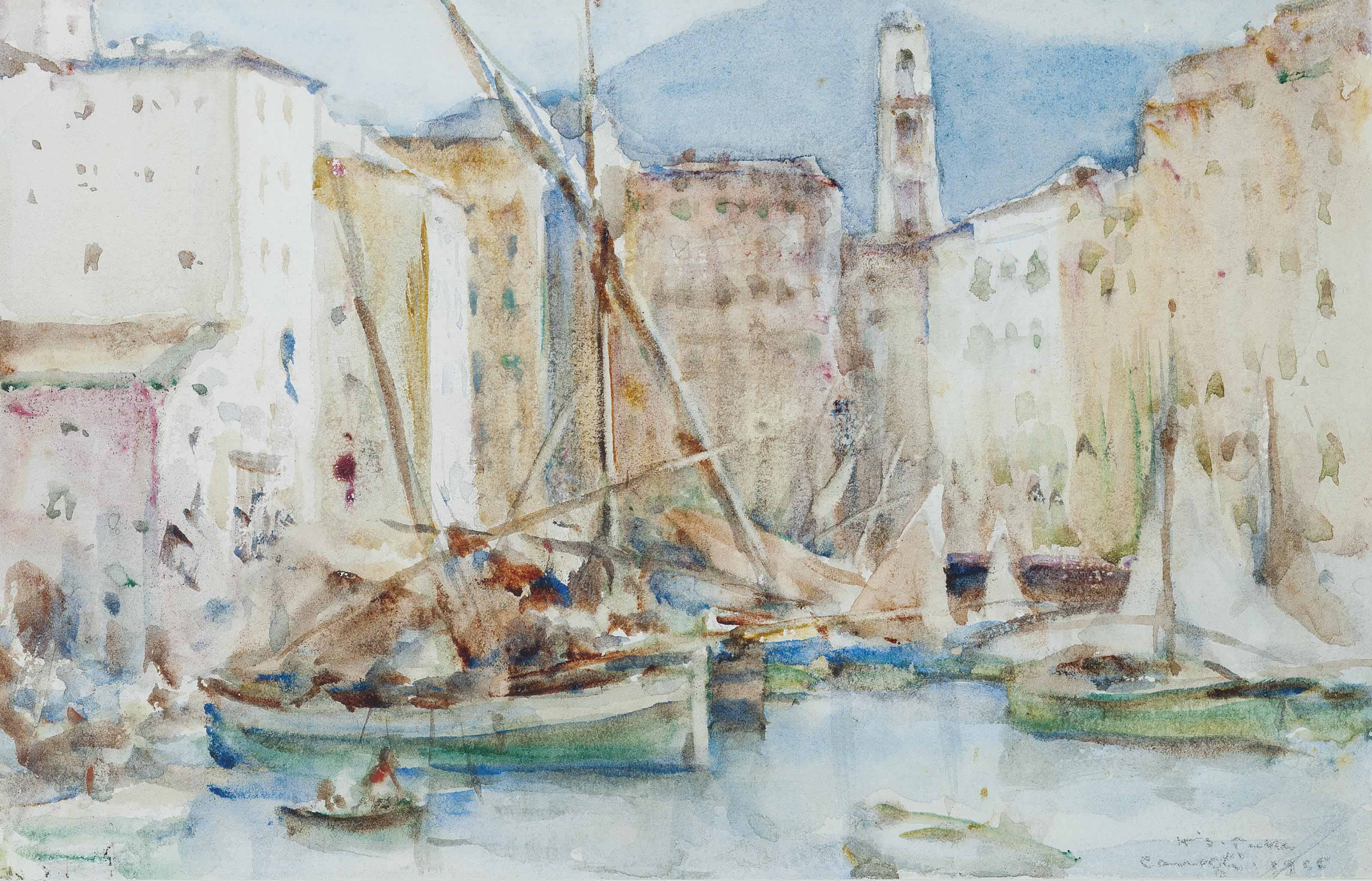 Henry Scott Tuke — Лодки, пришвартованные в гавани, Камольи, Италия