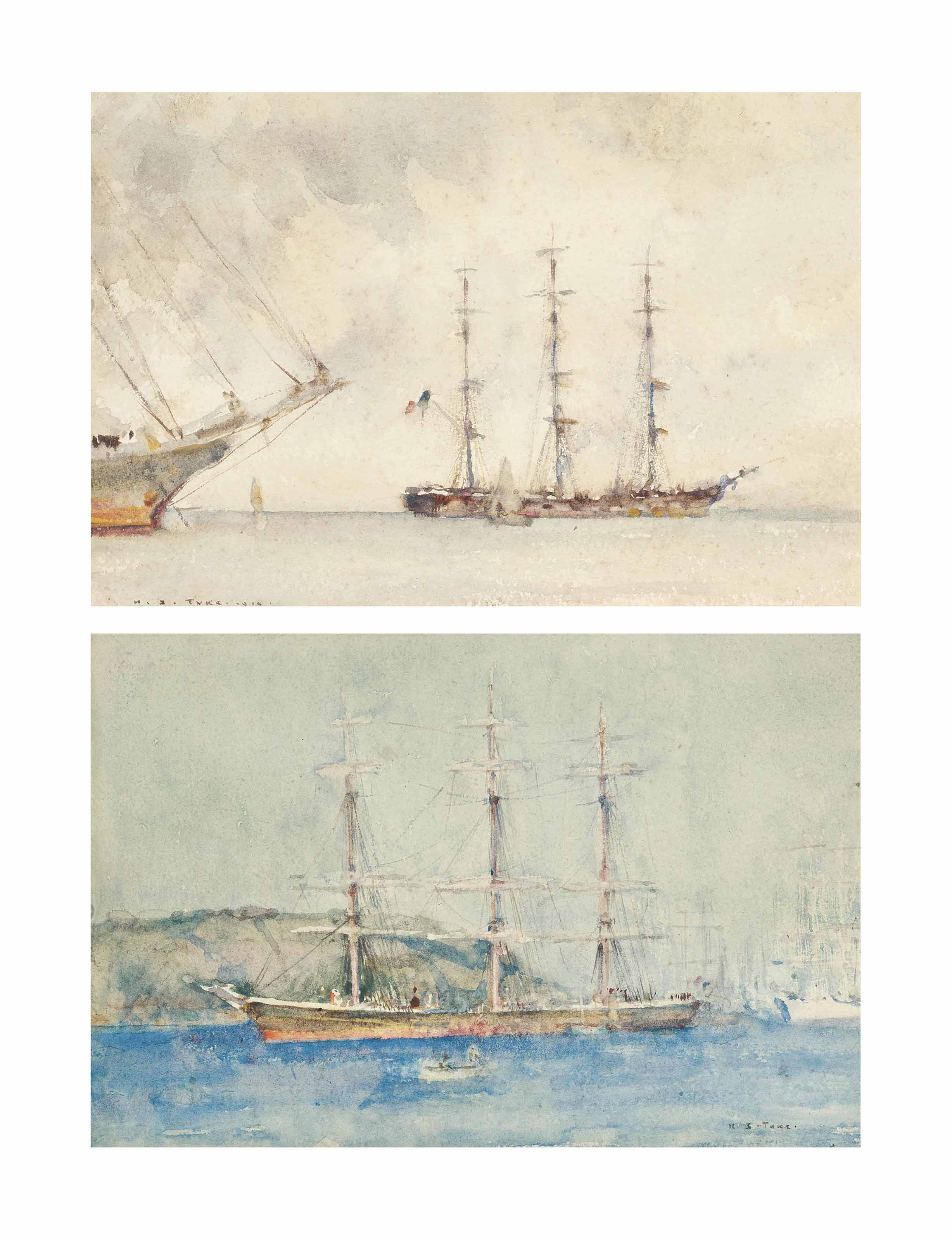 Henry Scott Tuke — "Винджаммер", стоящий на якоре во время прилива, и "винджаммер", стоящий на переполненной якорной стоянке