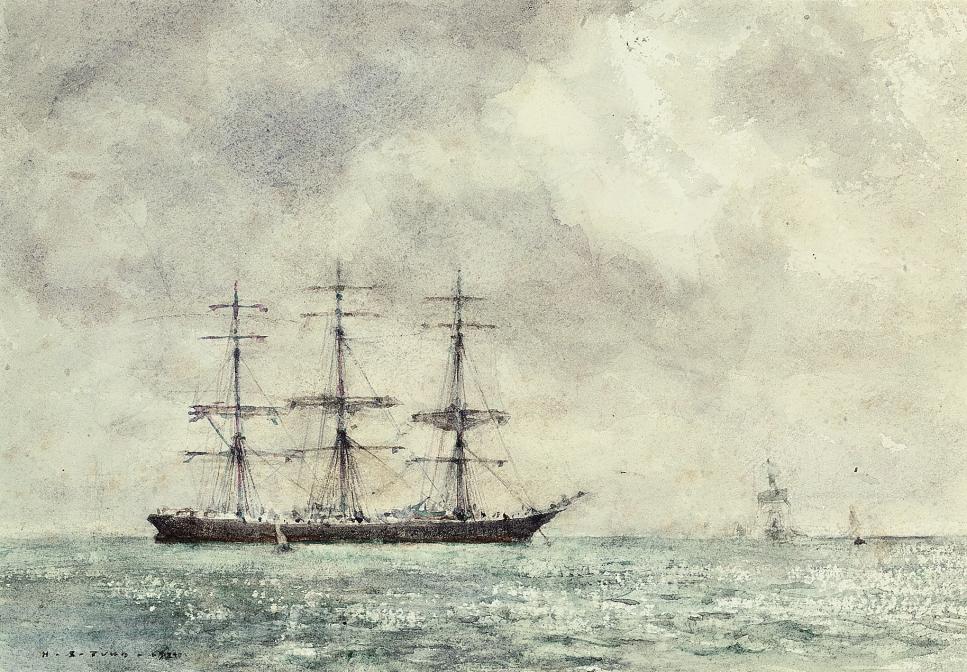 Henry Scott Tuke — Парусник стоит на якоре, а солнце пробивается сквозь облака.