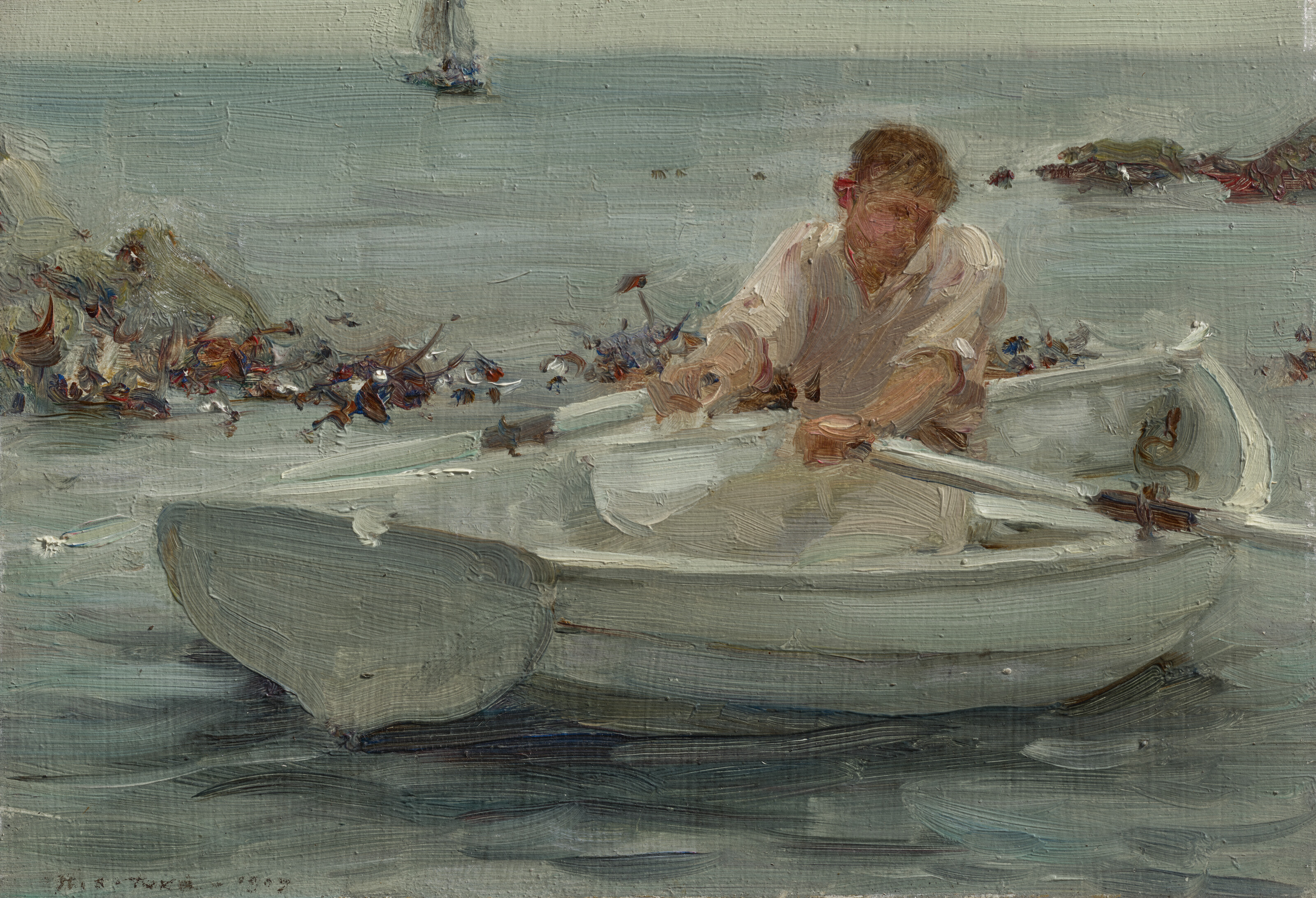 Henry Scott Tuke — Гребная лодка (справа); Облачный морской пейзаж (сзади)