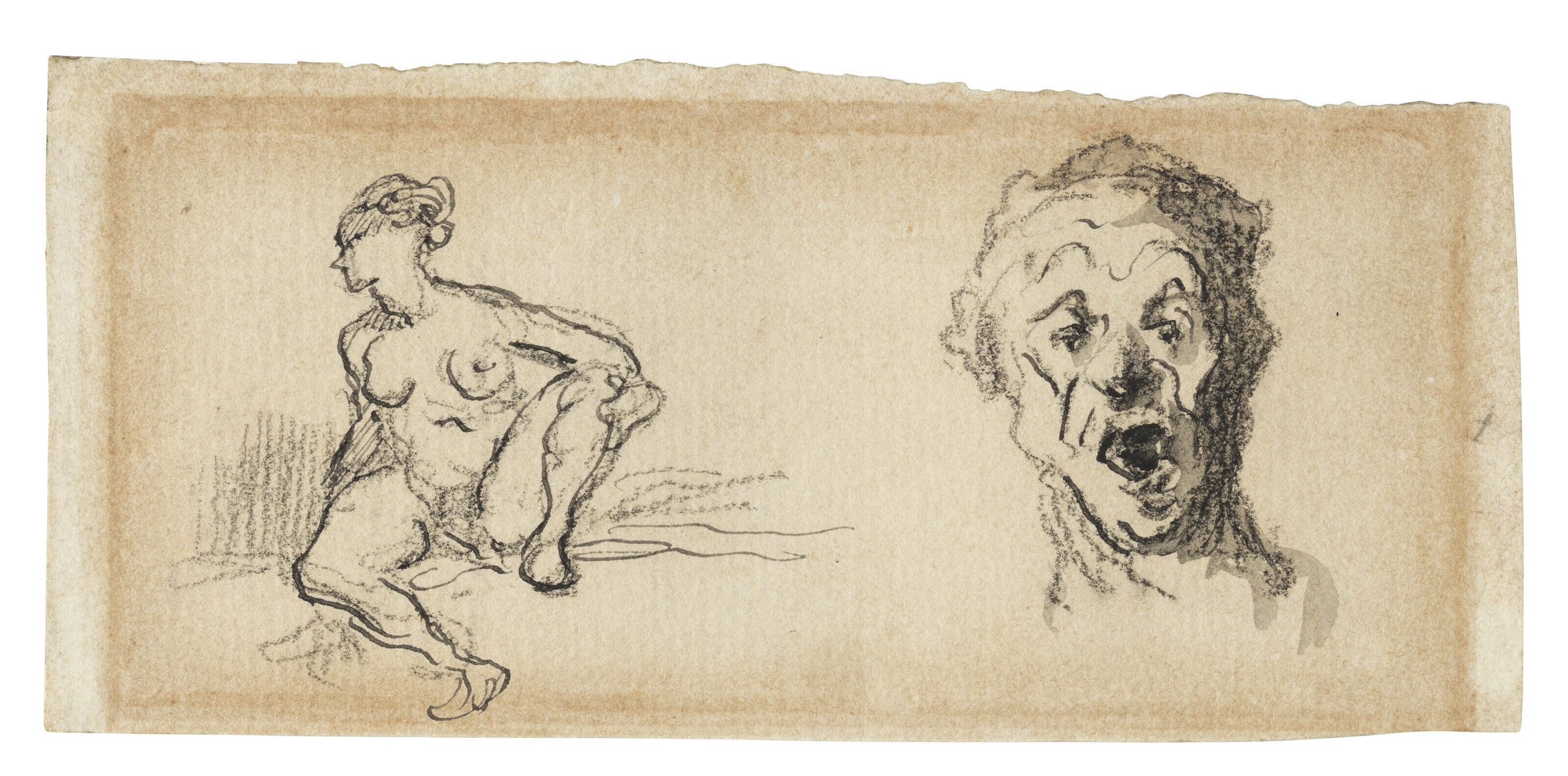 Honoré Daumier — Этюд обнаженной женщины, сидящей с поднятой ногой, и этюд головы мужчины с открытым ртом (recto); этюд головы мужчины, видимого сверху (verso ), изображение 2