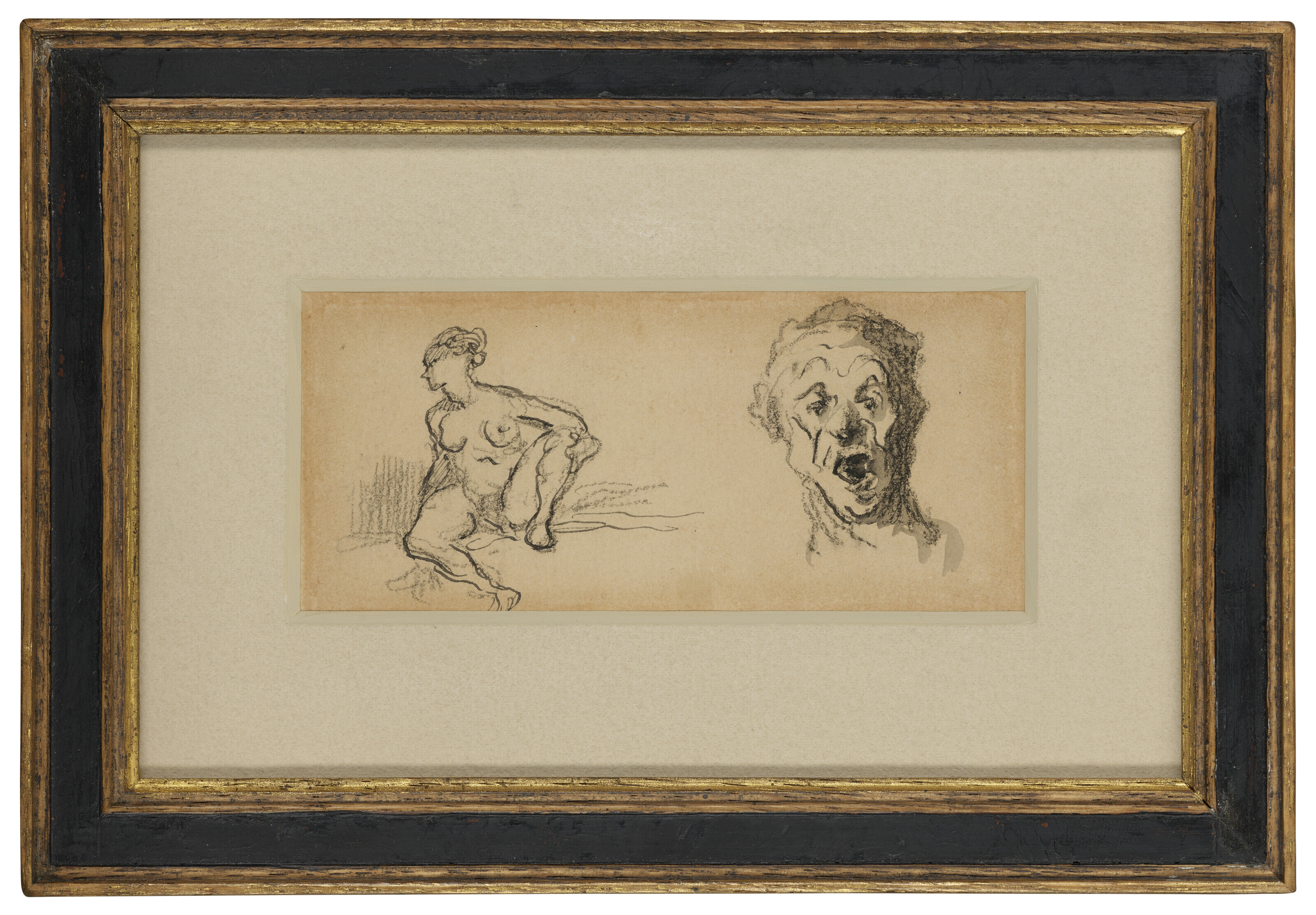 Honoré Daumier — Этюд обнаженной женщины, сидящей с поднятой ногой, и этюд головы мужчины с открытым ртом (recto); этюд головы мужчины, видимого сверху (verso ), изображение 3