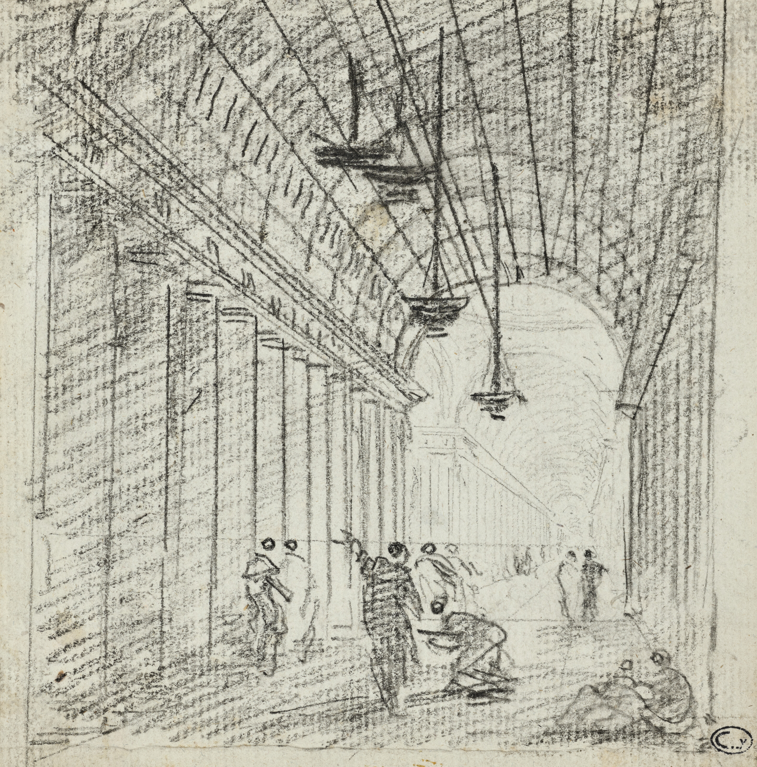Hubert Robert — Два этюда : Персонажи в галерее, и фигуры, и то, что осталось от пьерского блока, изображение 2