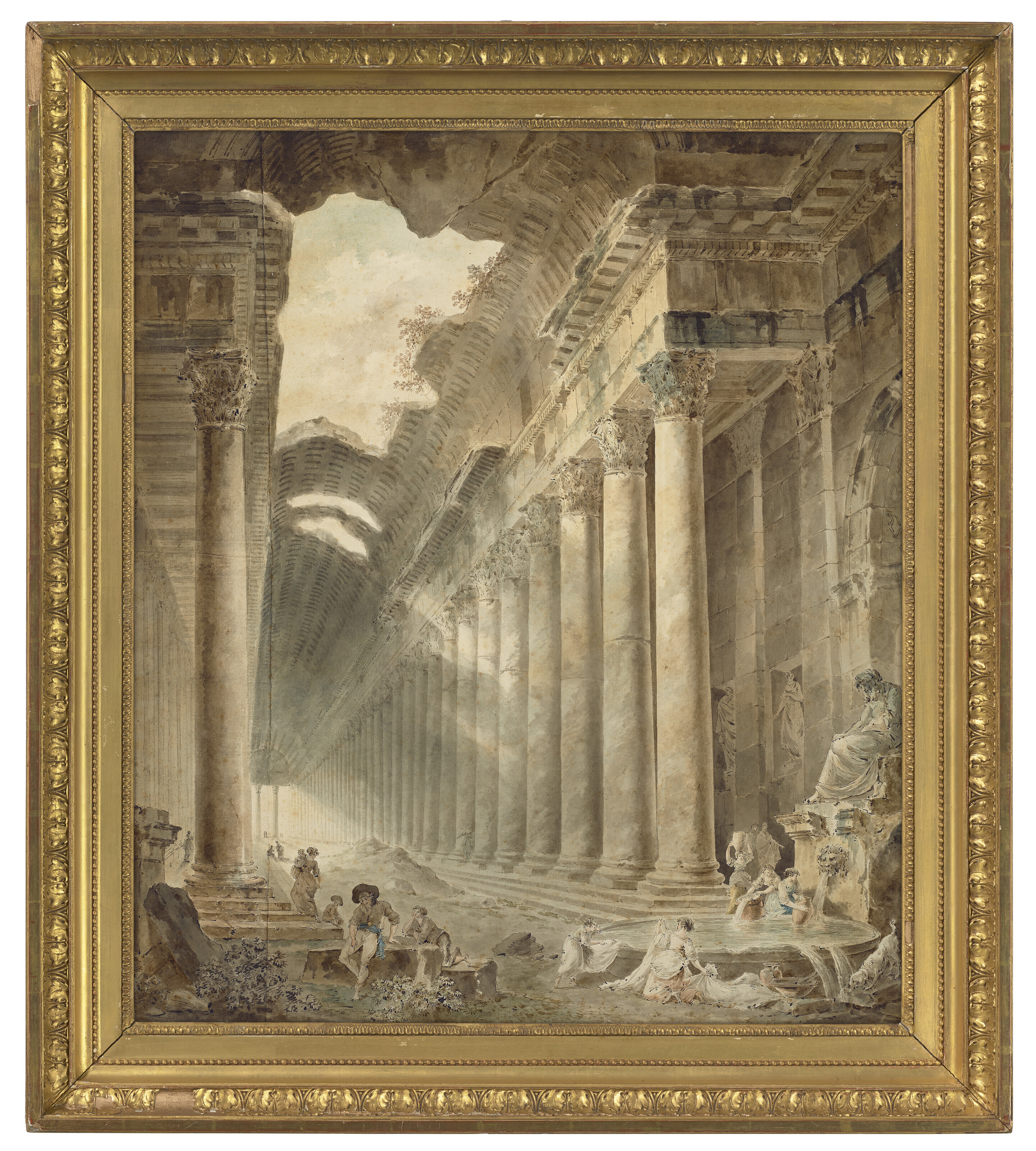 Hubert Robert — Огромное здание с колоннадой, крыша частично открыта небу, девушки стирают белье у фонтана под статуей сидящего мужчины, изображение 2