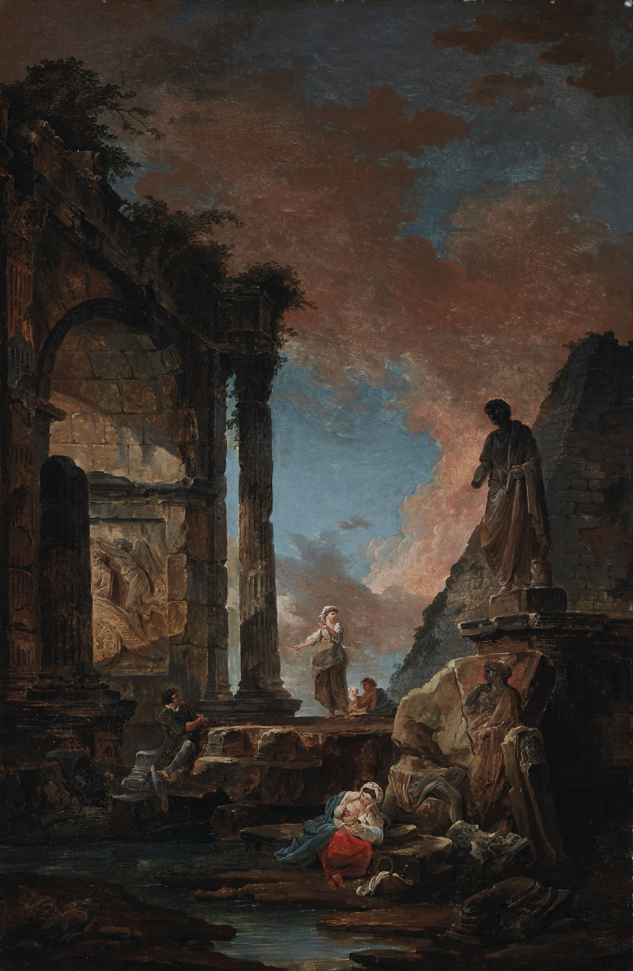 Hubert Robert — Каприччио классических руин с гигантской урной и беседующими мужчинами; и каприччио апсиды, пирамиды и других руин с классической скульптурой и женщиной, кормящей грудью., изображение 2
