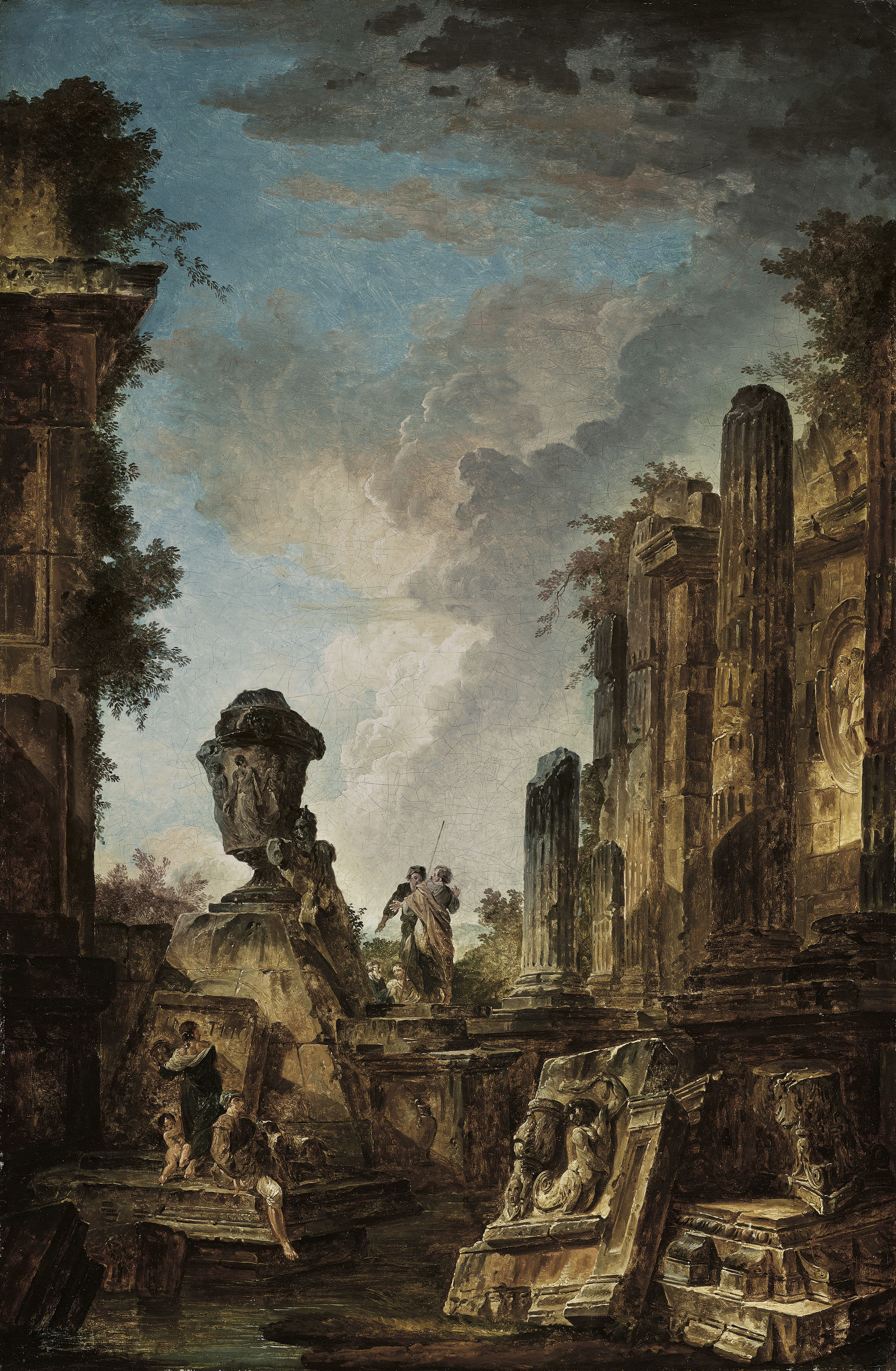 Hubert Robert — Каприччио классических руин с гигантской урной и беседующими мужчинами; и каприччио апсиды, пирамиды и других руин с классической скульптурой и женщиной, кормящей грудью., изображение 3