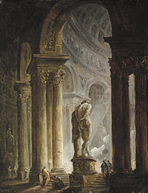 Hubert Robert — Интерьер храма с фигурами у статуи Геркулеса
