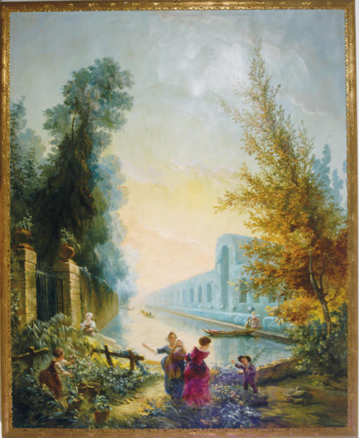 Hubert Robert — Элегантные фигуры, катающиеся на лодке по парку; и сопутствующая картина
