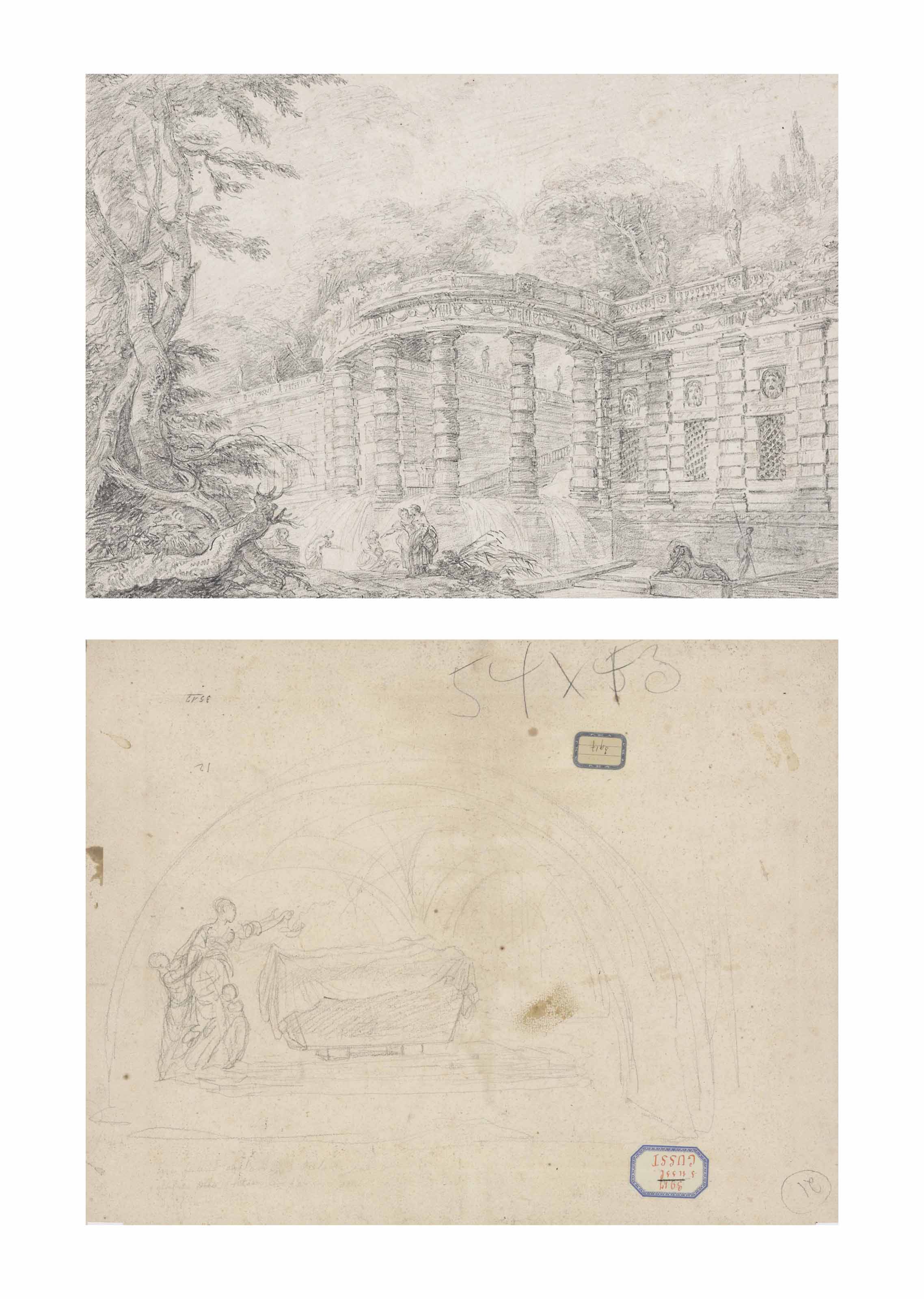 Hubert Robert — Водопад в колоннаде (i) и женщина с детьми, посещающие могилу в склепе (ii)