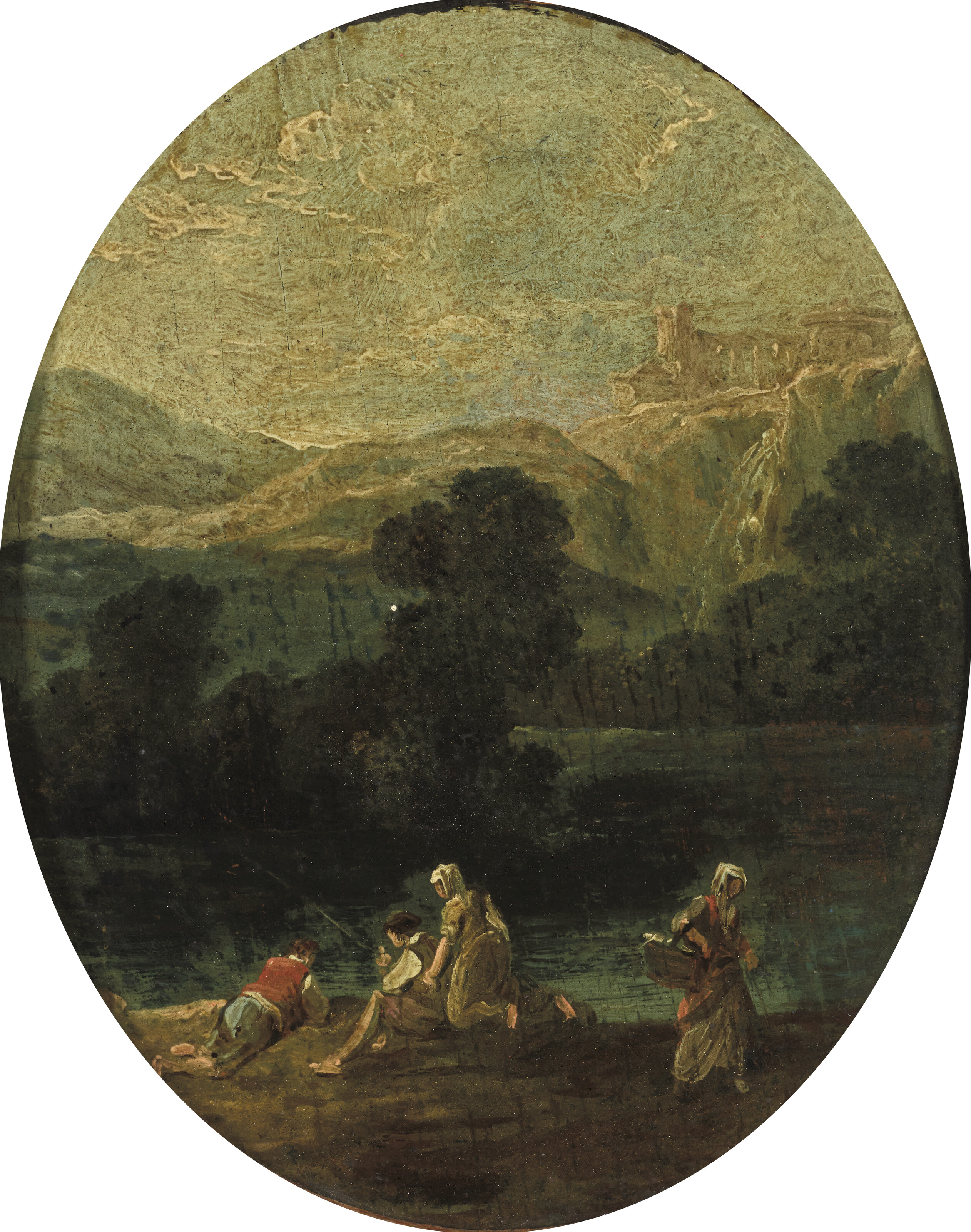 Hubert Robert — Лавандиеры, выращенные на озере, выращенные в горах Арьера-план