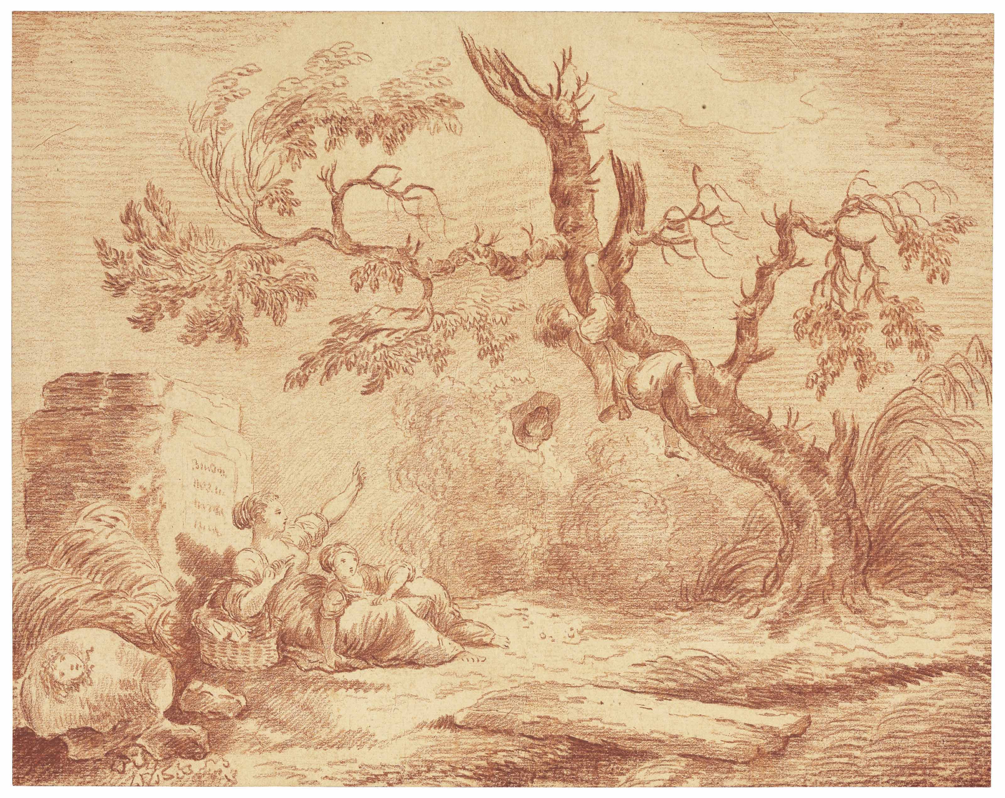 Hubert Robert — Мальчик взбирается на дерево, а женщина и девочка наблюдают за ним.
