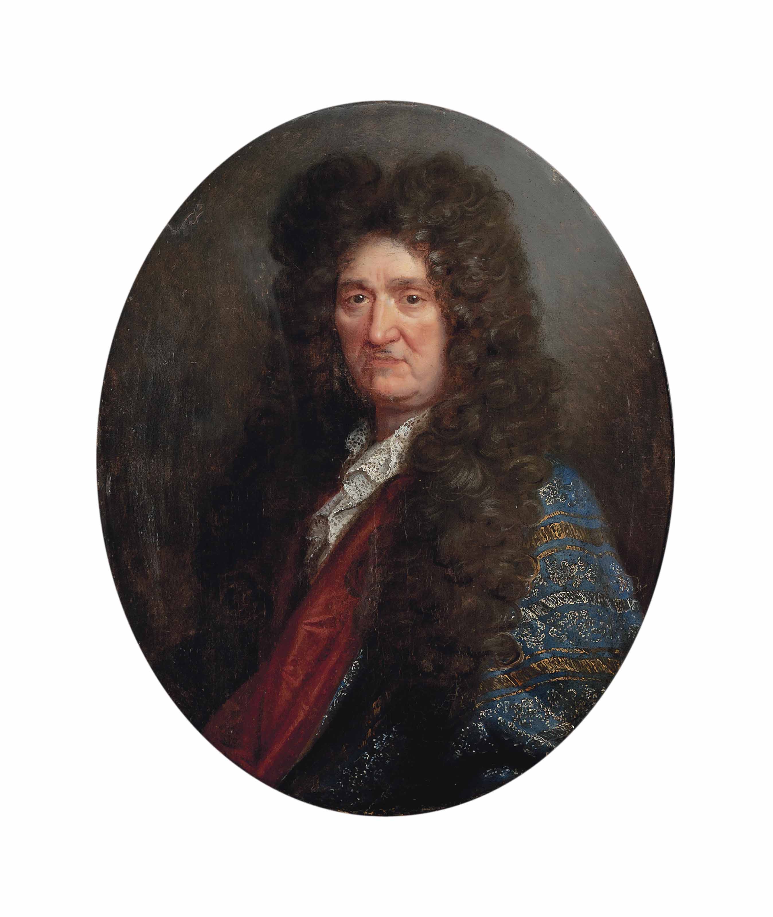 Hyacinthe Rigaud — Портрет джентльмена, возможно, Людовика XIV (1638-1715), длиной до груди, в синем расшитом камзоле