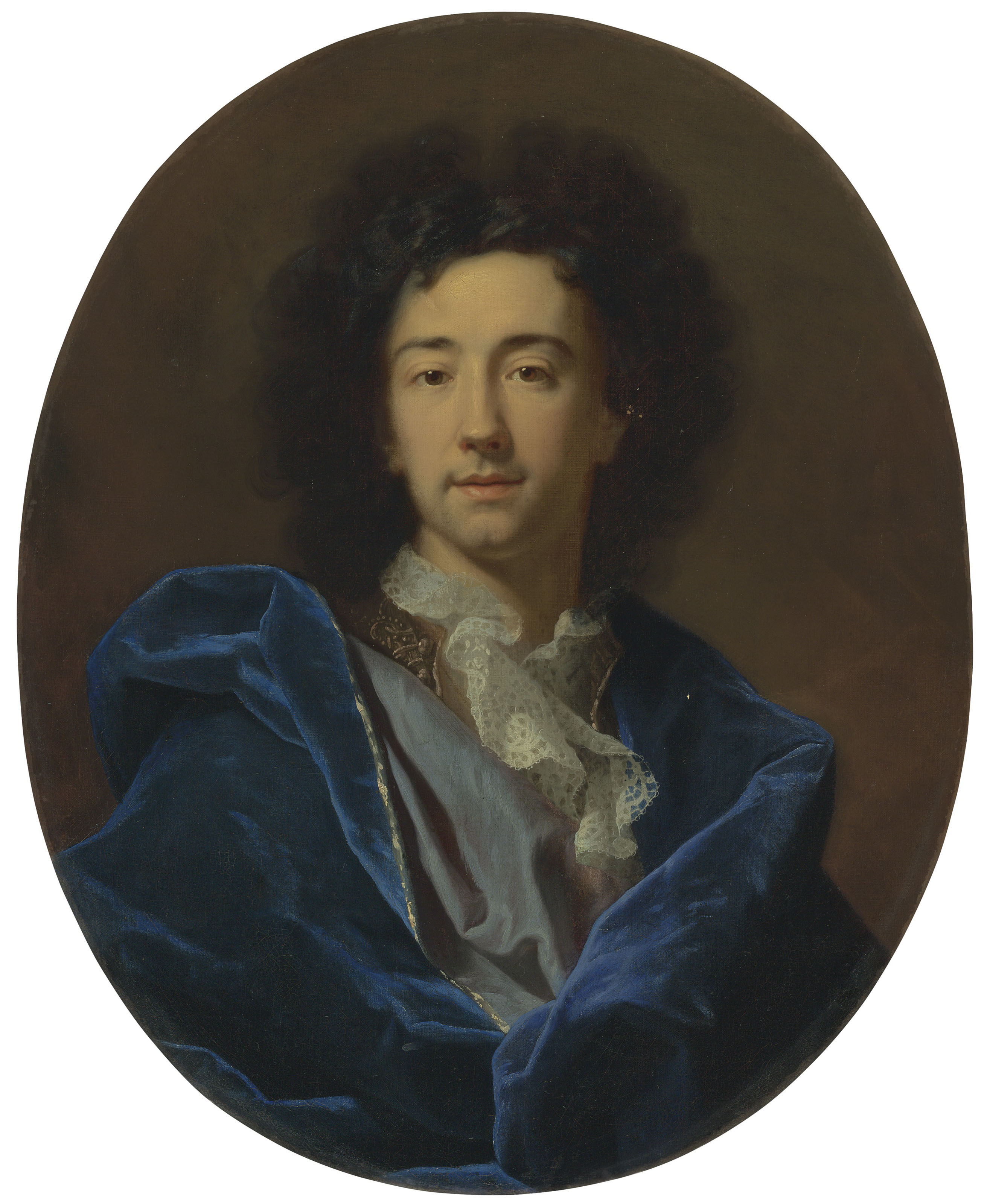 Hyacinthe Rigaud — Портрет художника, во весь рост, в кружевном галстуке и синем плаще