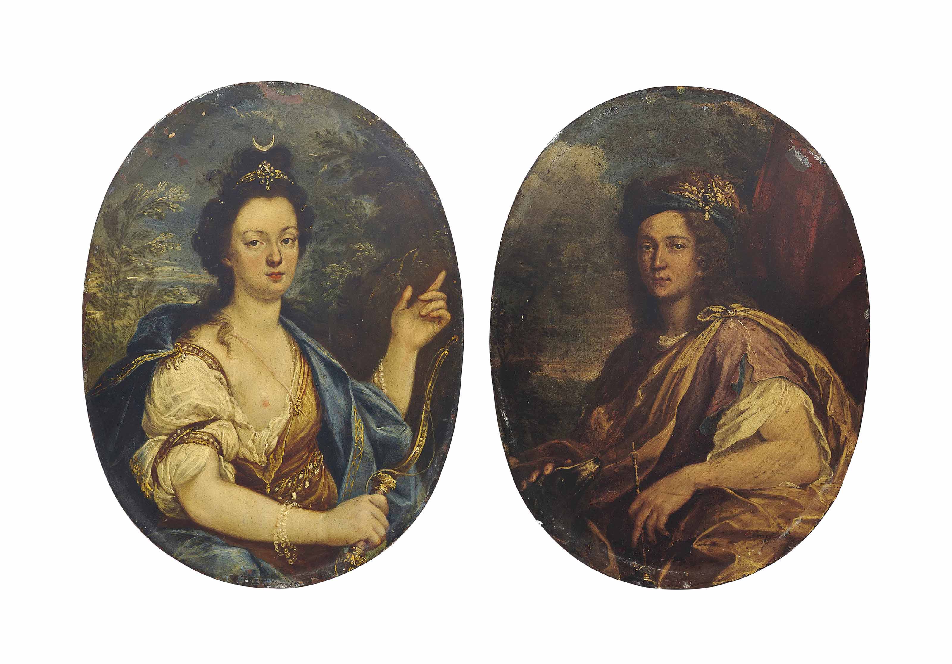 Hyacinthe Rigaud — Портрет леди в три четверти роста, в образе Дианы, на фоне пейзажа; и портрет джентльмена в три четверти роста, в классическом костюме, перед занавесом, на фоне пейзажа