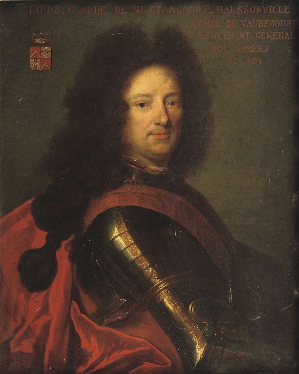 Hyacinthe Rigaud — Портрет генерал-лейтенанта Луи-Клода де Неттанкур-Осонвиля, в полный рост, в доспехах с красным кушаком