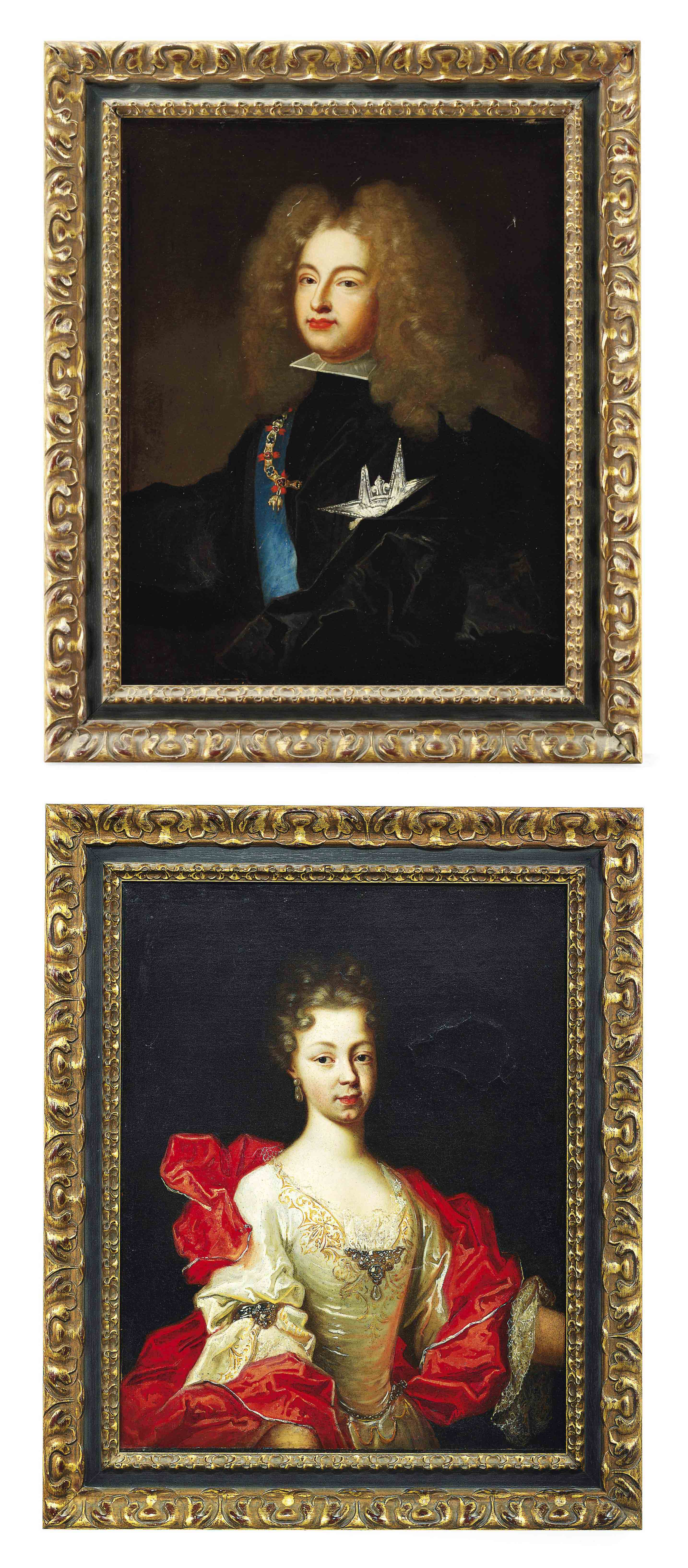 Hyacinthe Rigaud — Портрет Филиппа V, короля Испании, до пояса, со значком и лентой ордена Святого Духа и ордена Золотого руна; и портрет дамы, традиционно идентифицируемой как Елизавета Фарнезе, королева-консорт Испании (1692-1766), до груди, в расшитом шелковом платье и розовая шелковая накидка