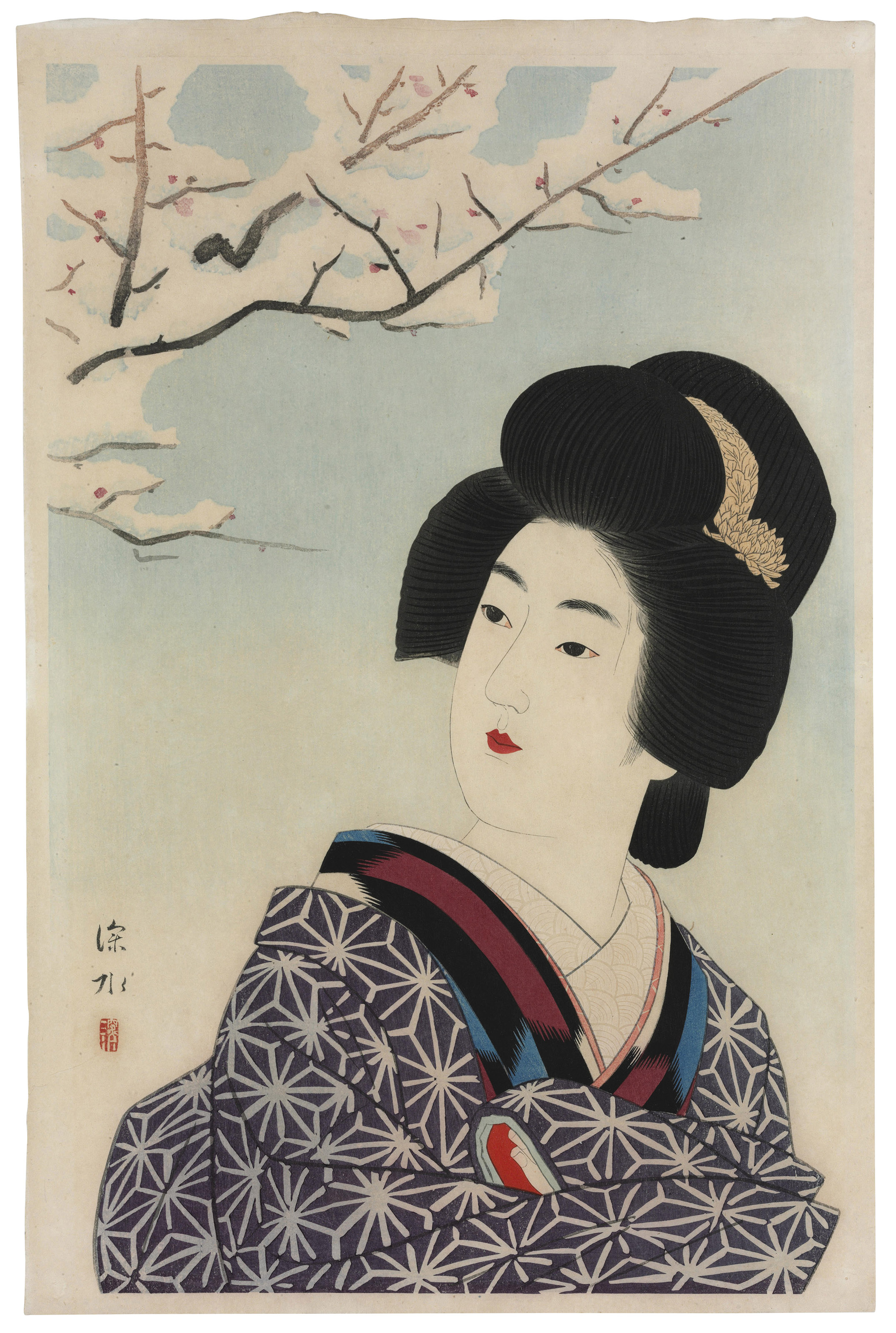 Ito Shinsui — Красавица и сливовое дерево в снегу