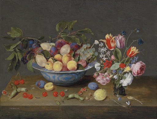 Jacob Van Hulsdonck — Абрикосы, сливы и виноград в миске, разложенные на полке, рядом с вазой с цветами