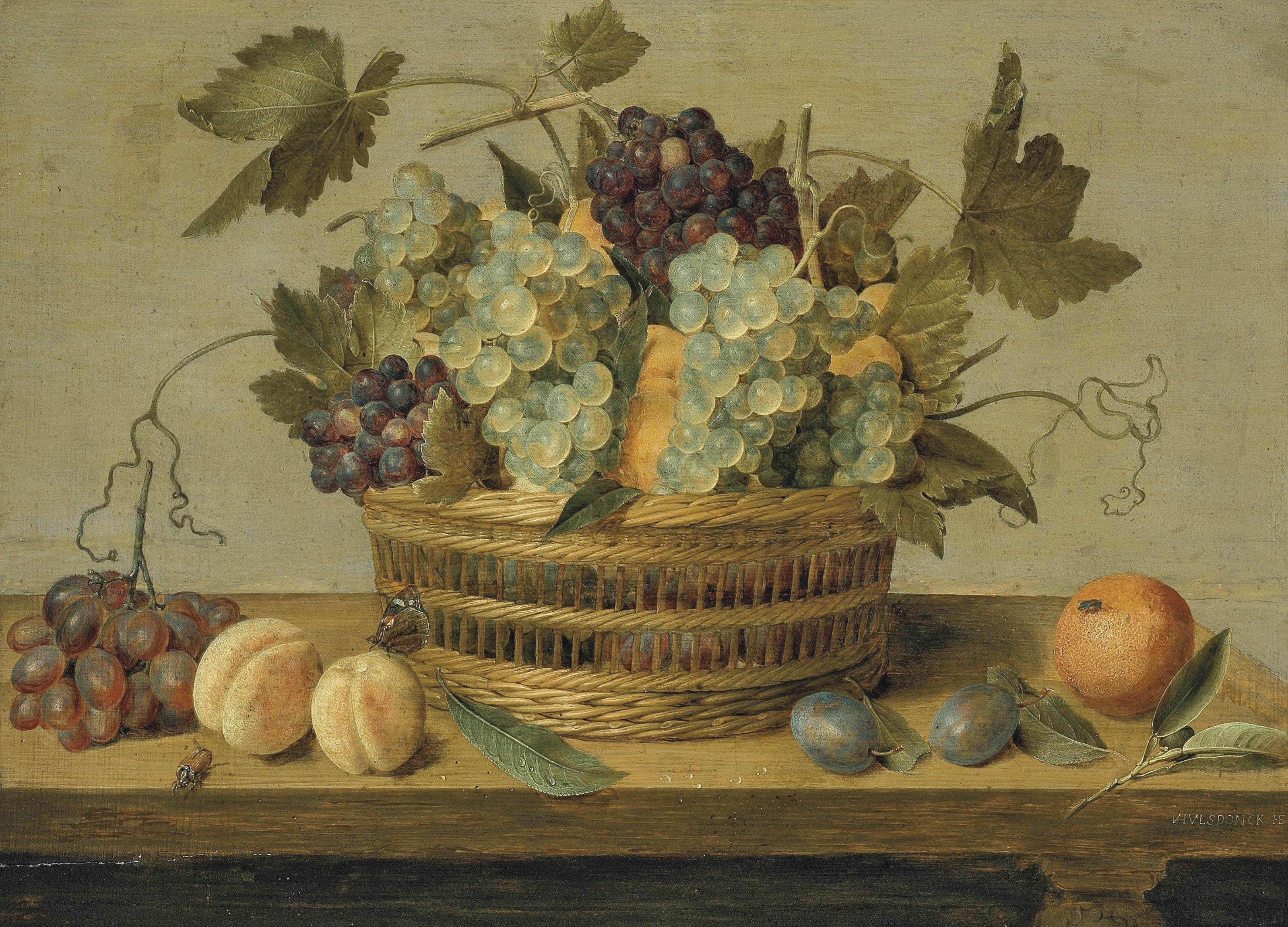 Jacob Van Hulsdonck — Нектарины и виноград в корзине на столе, со сливами, апельсинами, бабочкой и жуком