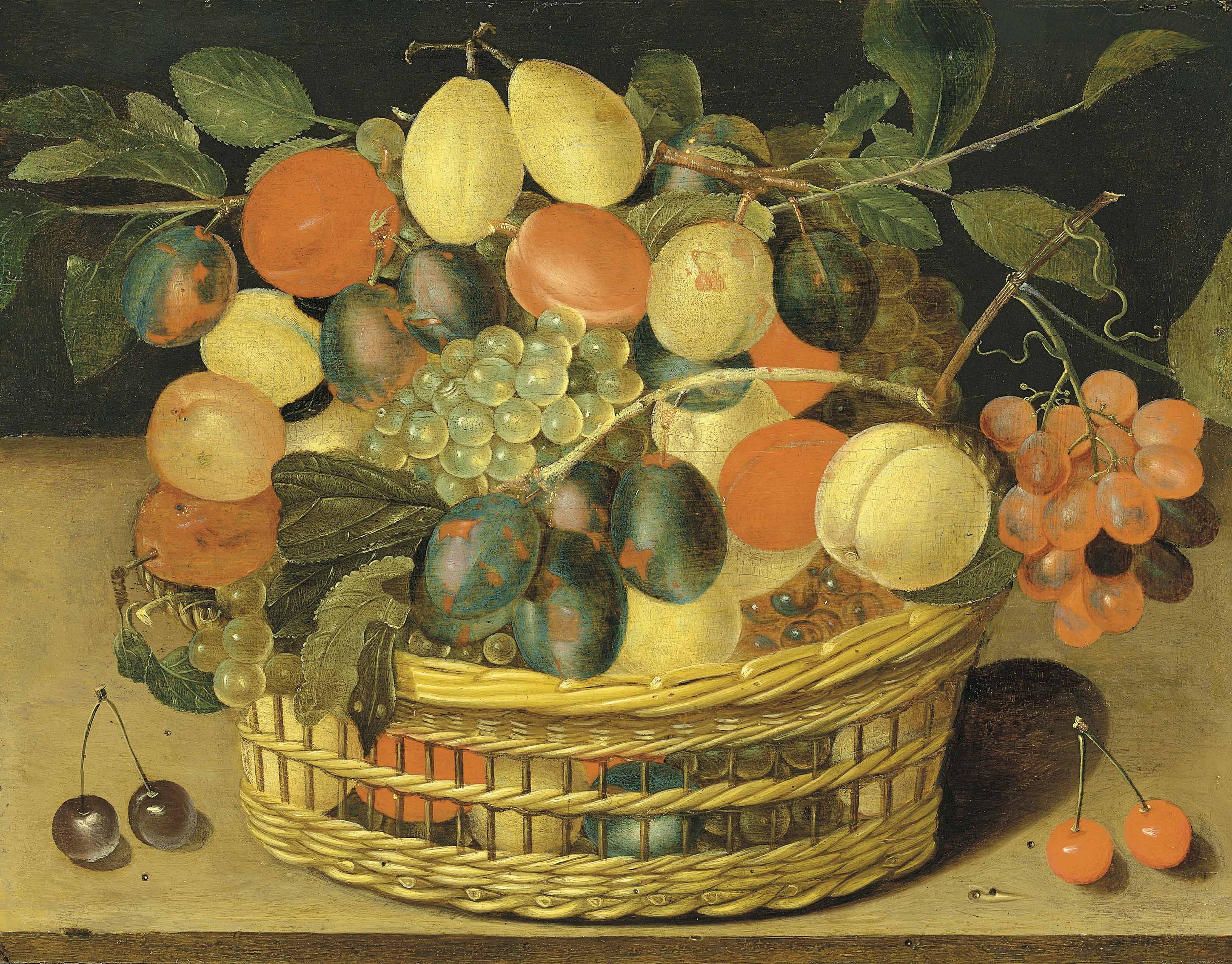 Jacob Van Hulsdonck — Корзина с виноградом, сливами и персиками на подоконнике