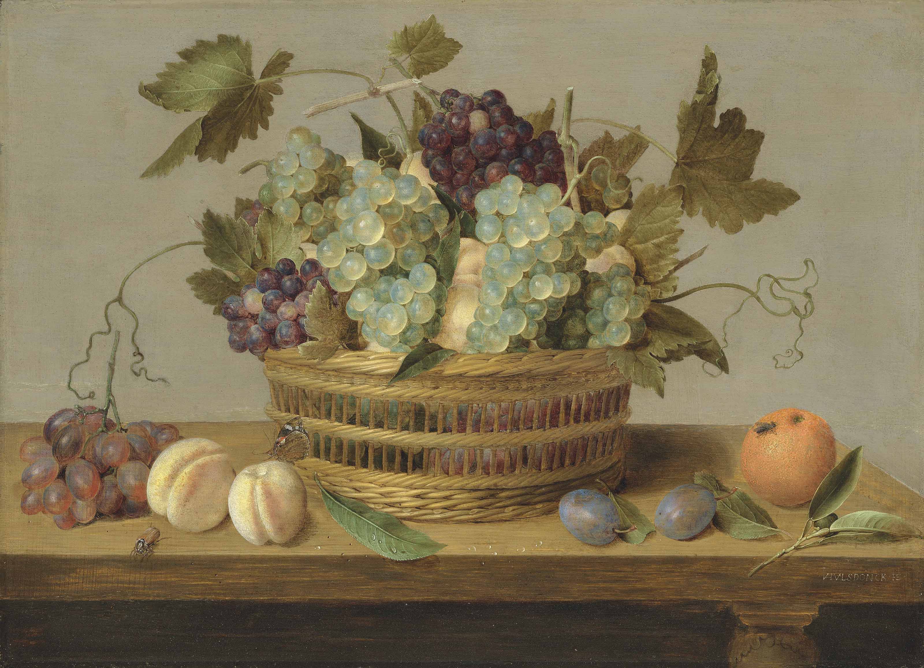 Jacob Van Hulsdonck — Нектарины и виноград в корзине на столе, со сливами, апельсинами, бабочкой и жуком
