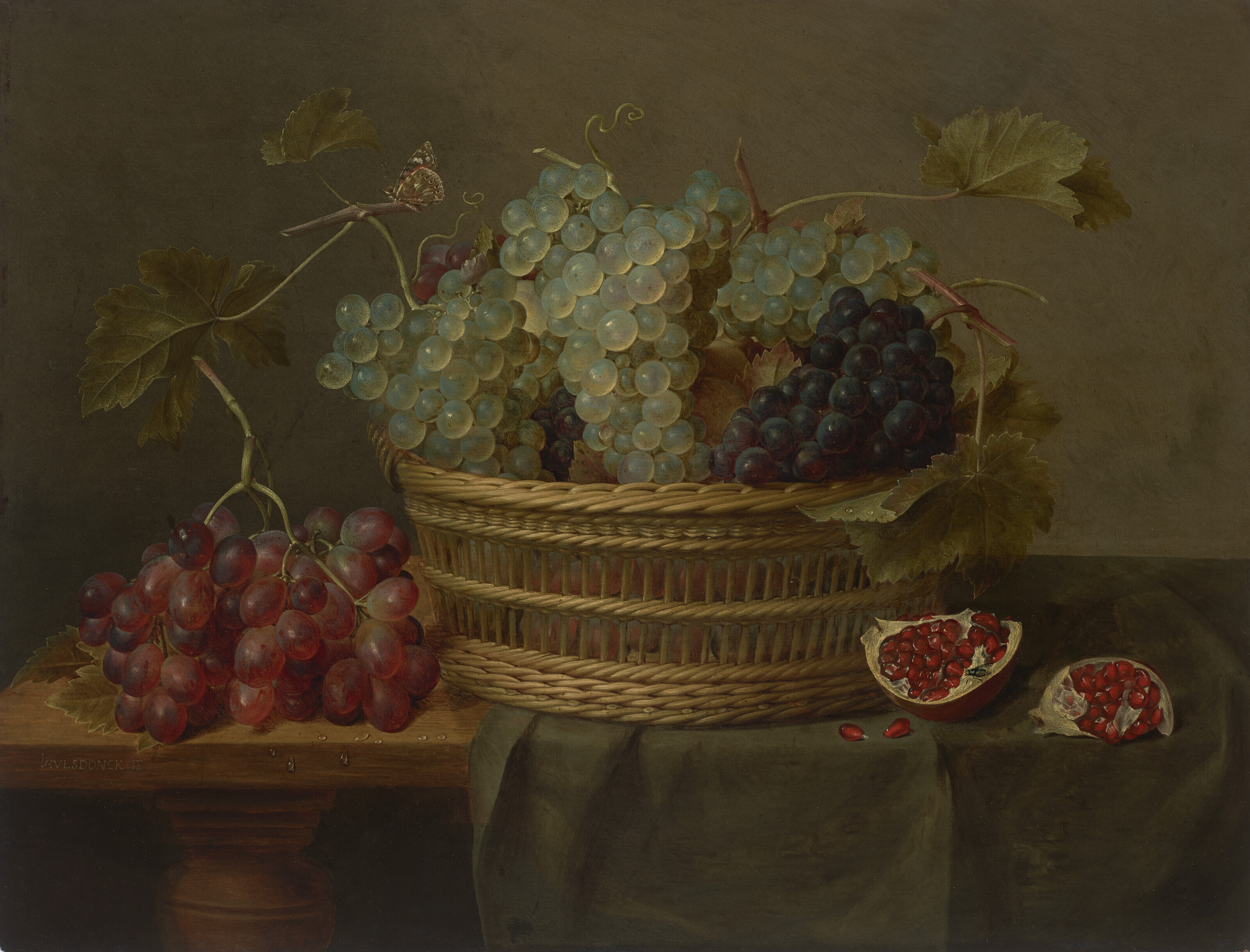 Jacob Van Hulsdonck — Корзина с виноградом и гранатом на столе