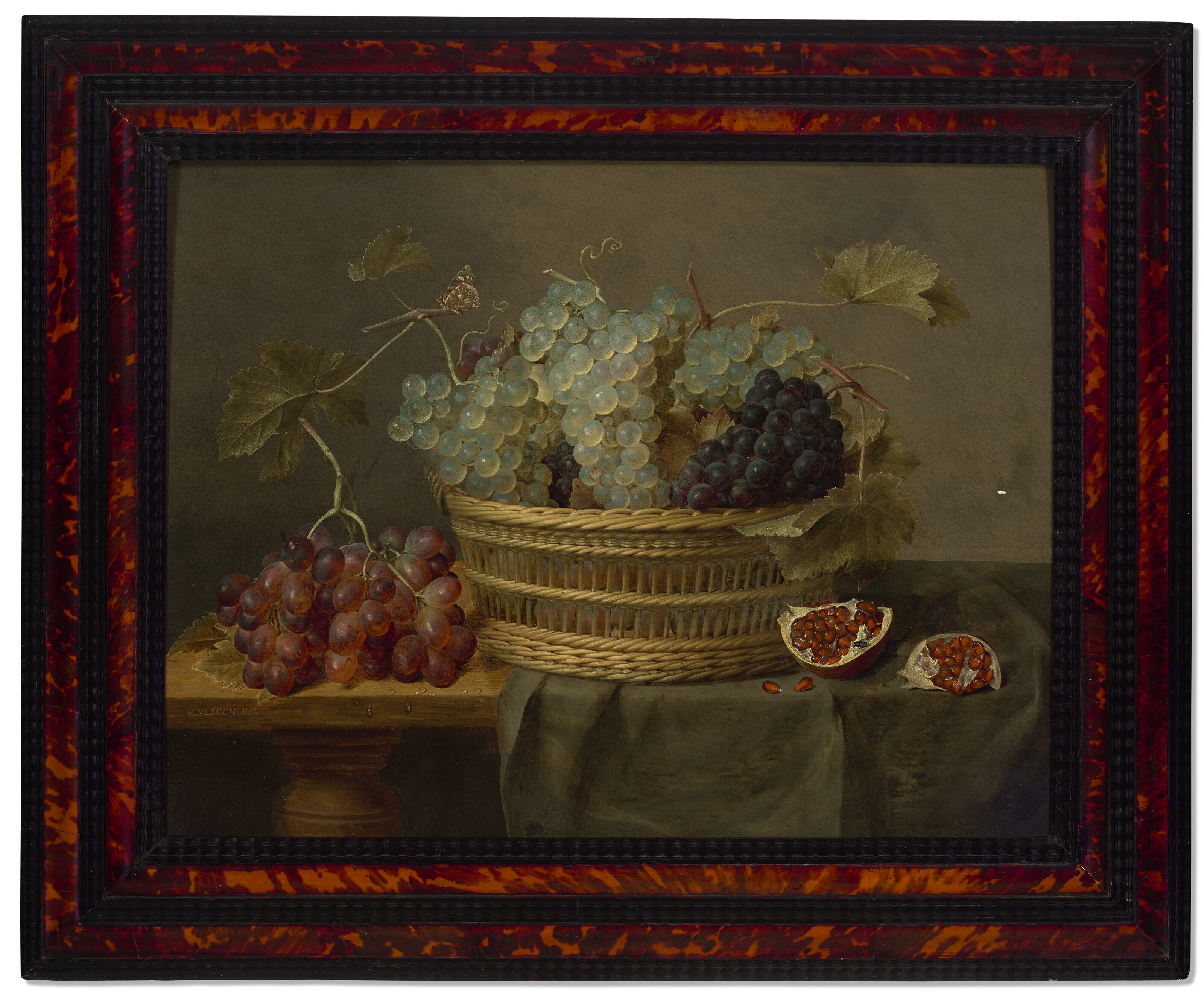 Jacob Van Hulsdonck — Корзина с виноградом и гранатом на столе, изображение 2