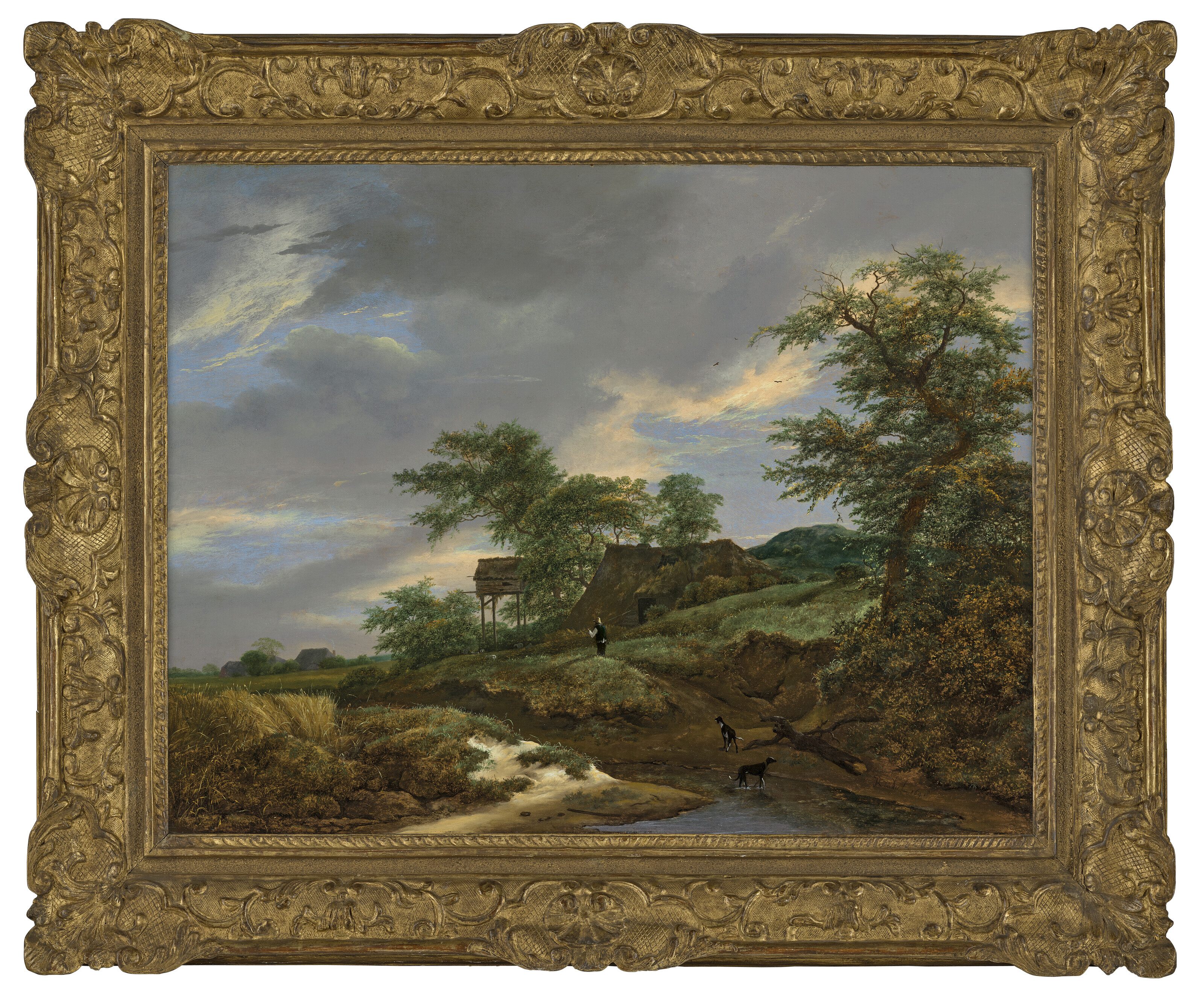 Jacob Van Ruisdael — Лесистый пейзаж с мужчиной и двумя собаками на тропинке, коттедж за ним., изображение 2