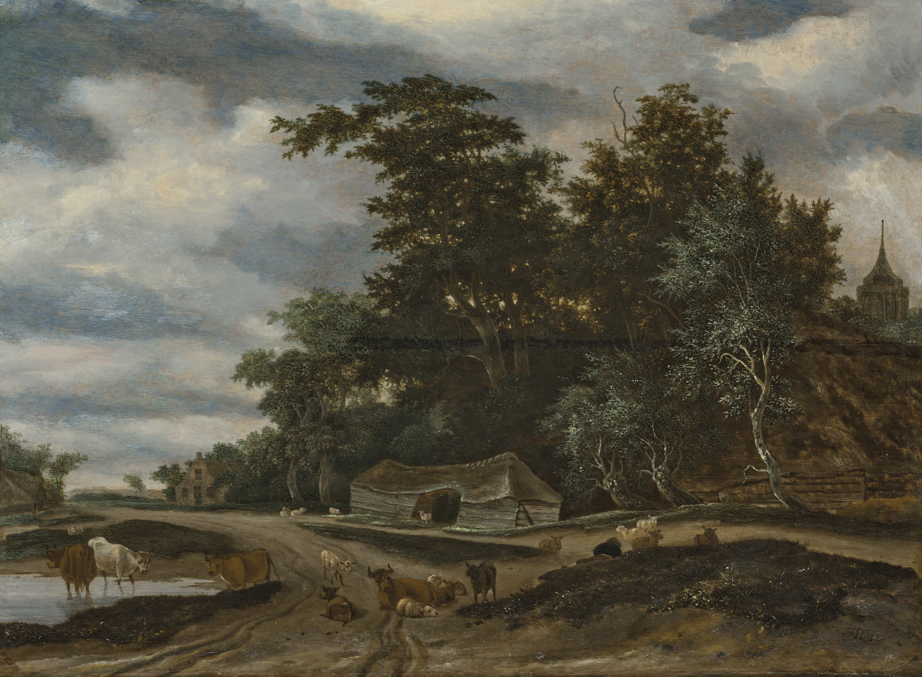 Jacob Van Ruisdael — Лесистый речной пейзаж со стадом коров, купающихся и пасущихся рядом с флигелем, домом и церковью за ним., изображение 2